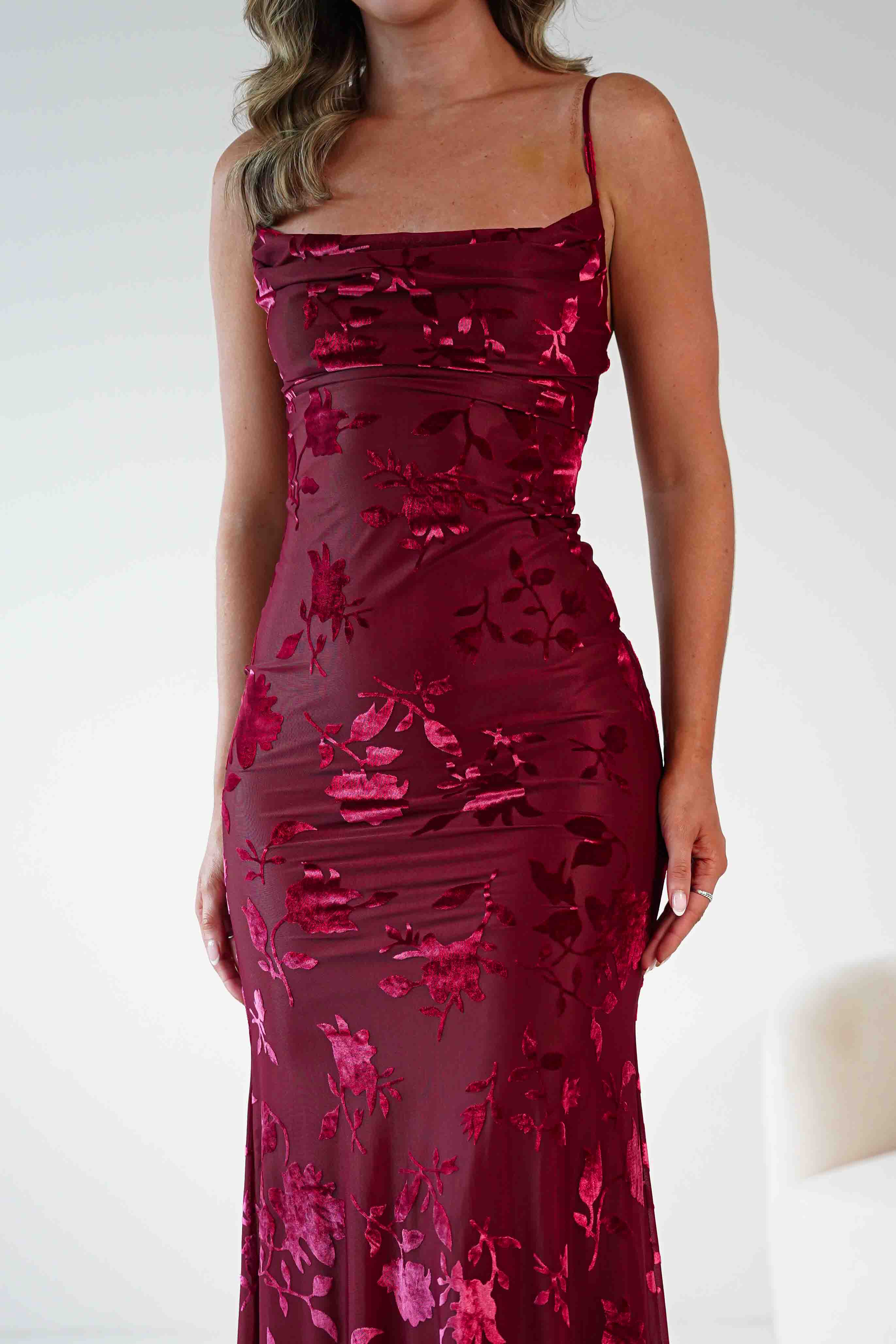 Factory Wedding Guest Dresses Dahlia Floral Jacquard Maxi Dress | Wine