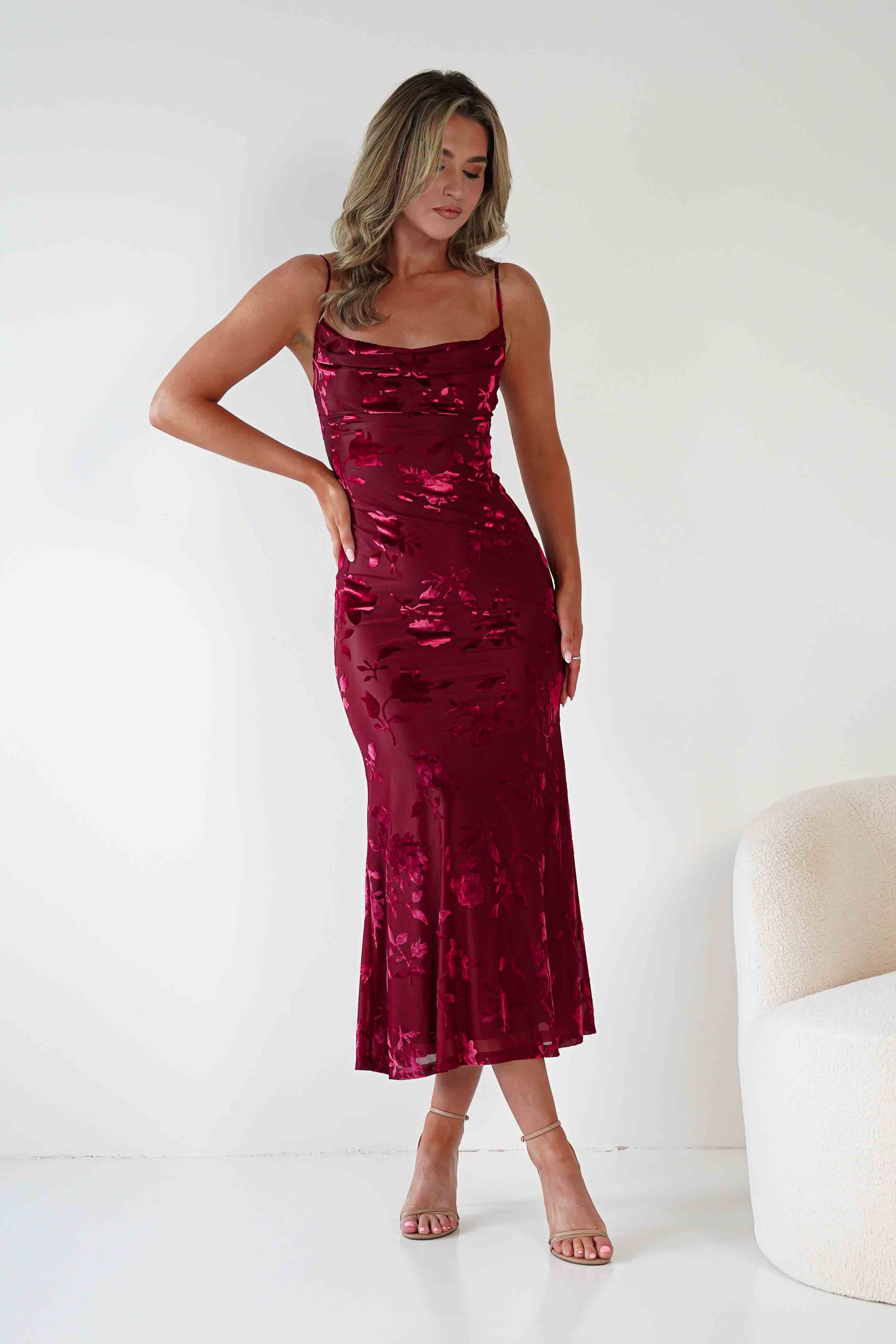 Factory Wedding Guest Dresses Dahlia Floral Jacquard Maxi Dress | Wine