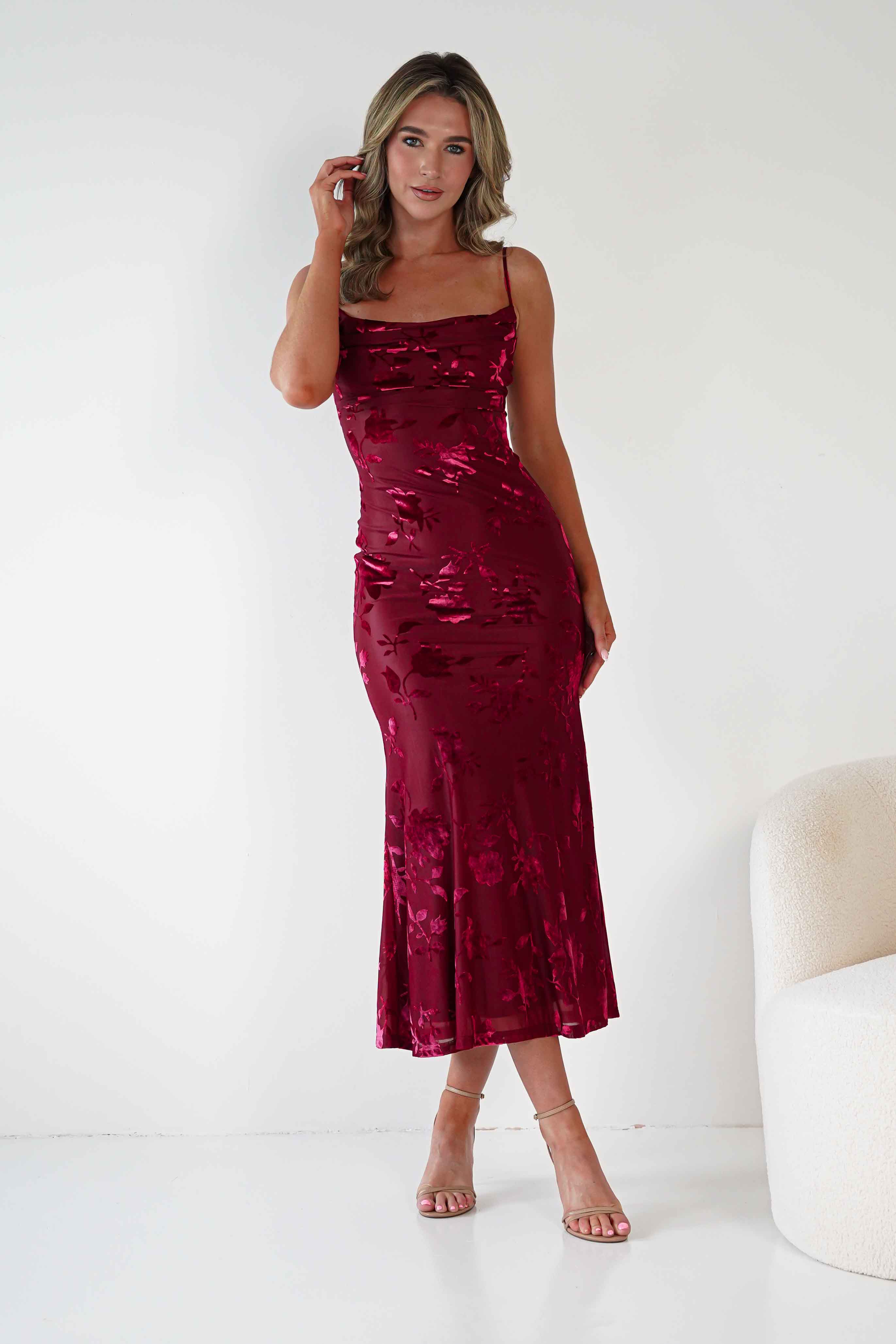Factory Wedding Guest Dresses Dahlia Floral Jacquard Maxi Dress | Wine