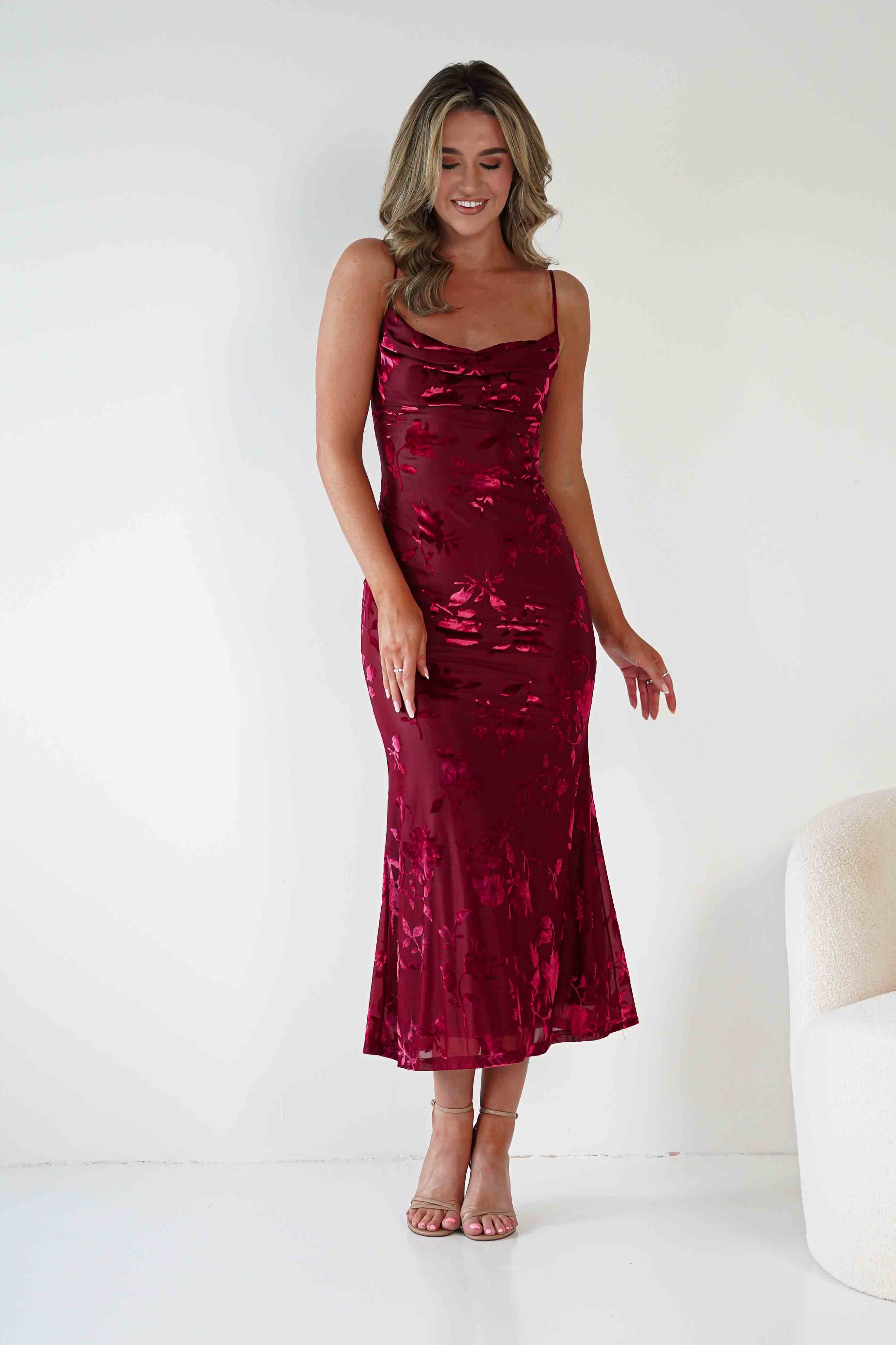 Factory Wedding Guest Dresses Dahlia Floral Jacquard Maxi Dress | Wine
