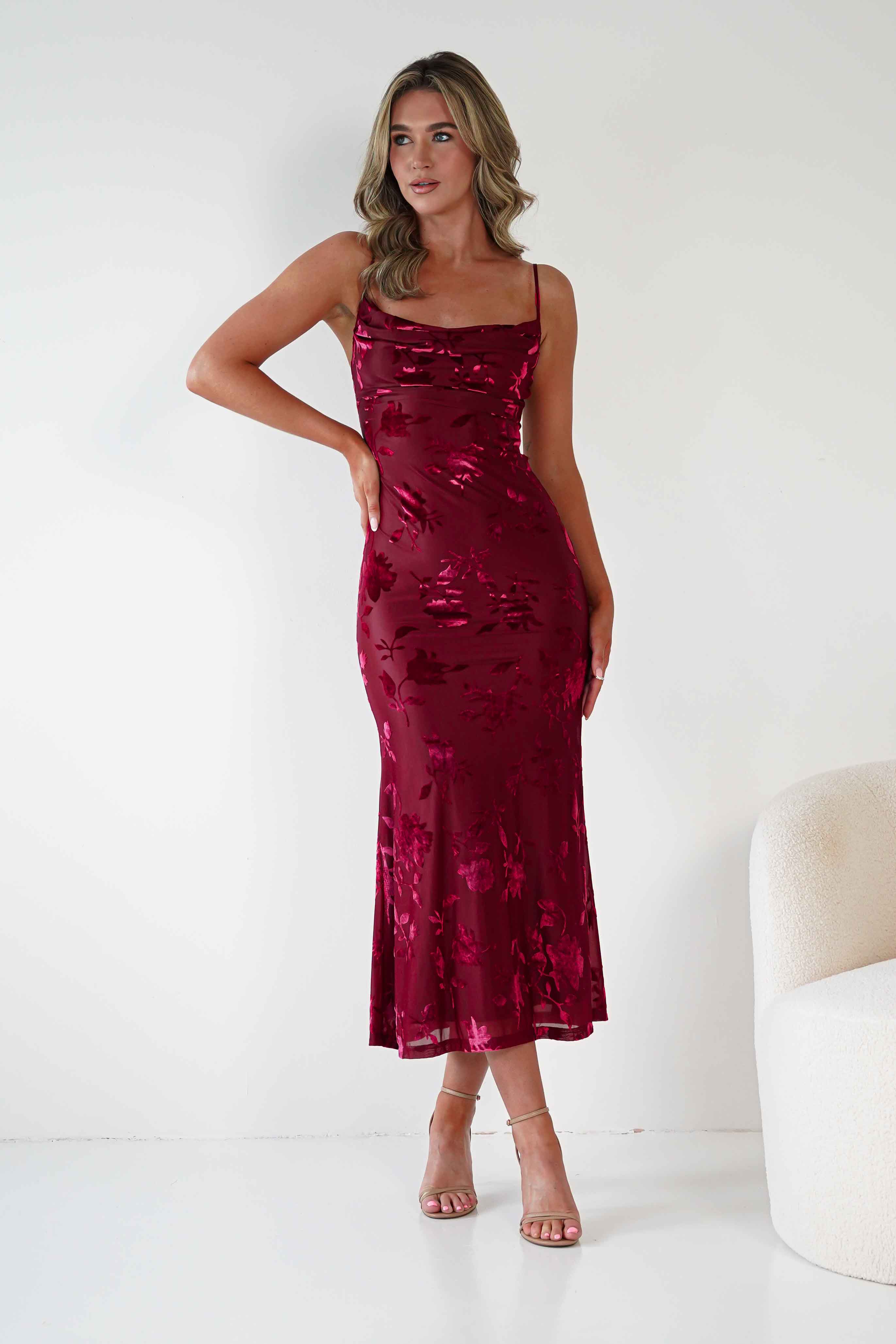 Factory Wedding Guest Dresses Dahlia Floral Jacquard Maxi Dress | Wine