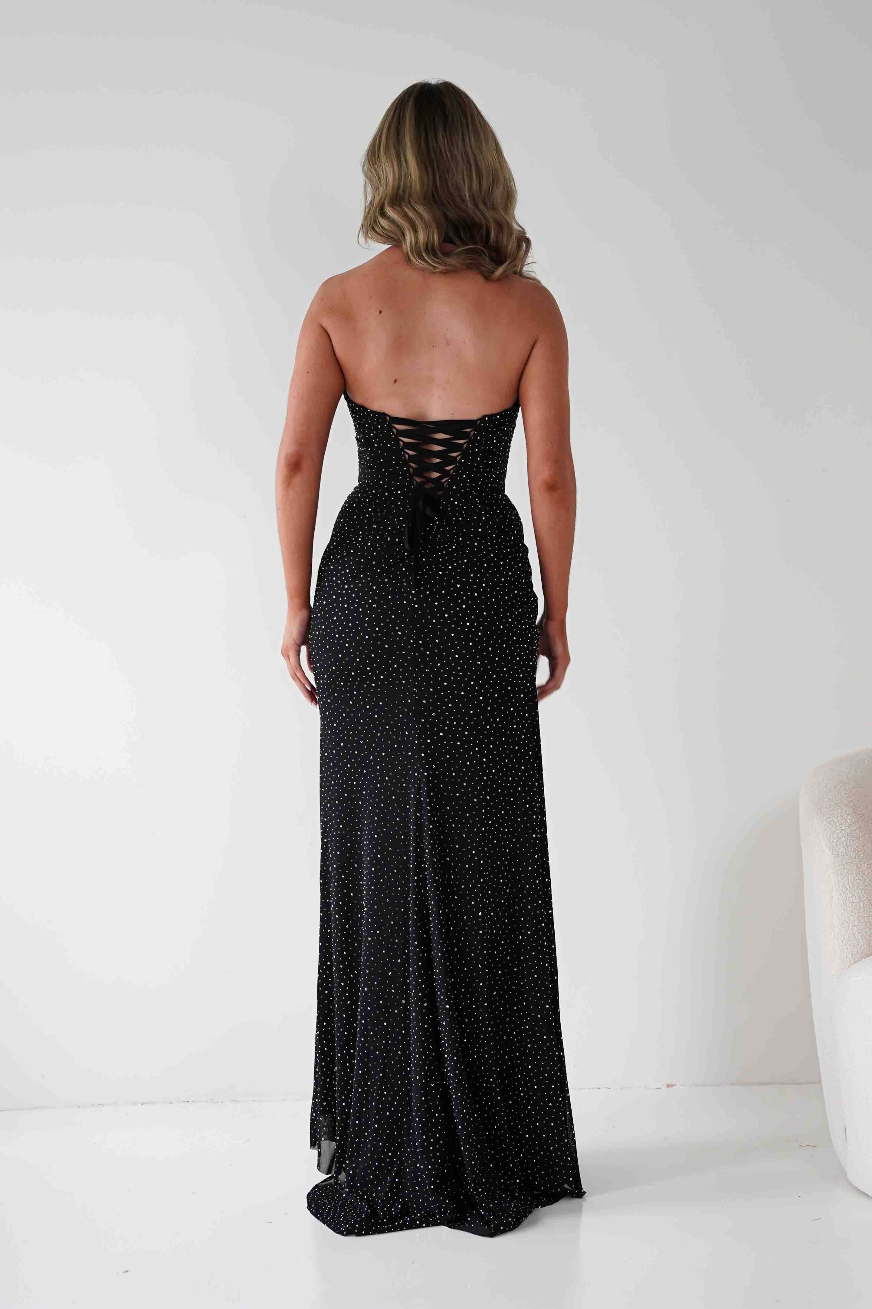 Cinderella Dresses Diana Draped Strapless Rhinestone Gown | Black