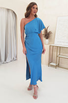 Jenna Soft Satin One Shoulder Maxi | Blue - Oh Hello Clothing
