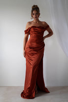 Beth Draped Silky Satin Gown | Rust - Oh Hello Clothing