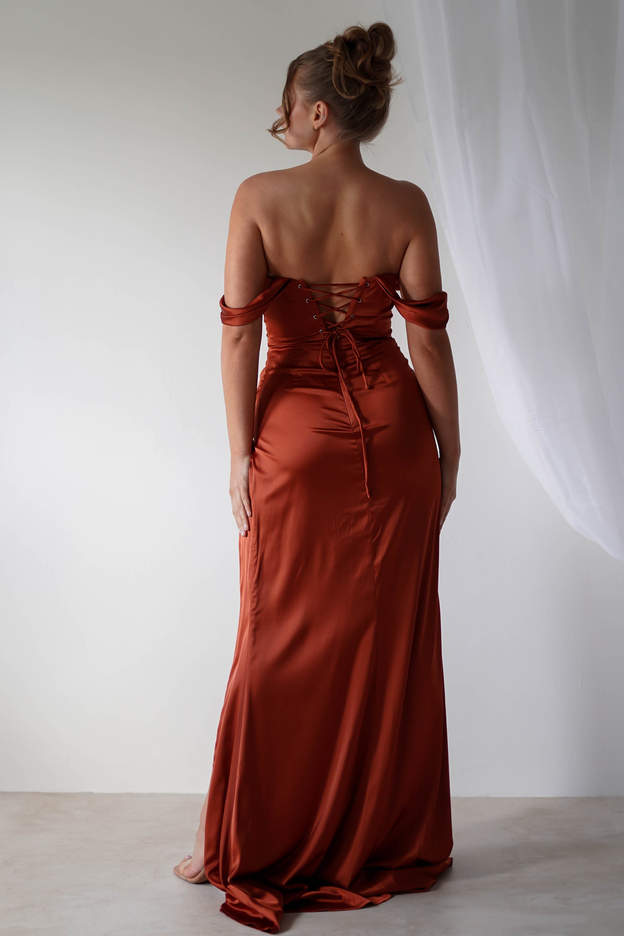 Beth Draped Silky Satin Gown | Rust - Oh Hello Clothing