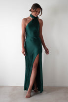 Oh Hello Clothing On Sale Amelda Soft Satin Maxi Gown Dress | Forest Green