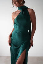 Oh Hello Clothing On Sale Amelda Soft Satin Maxi Gown Dress | Forest Green