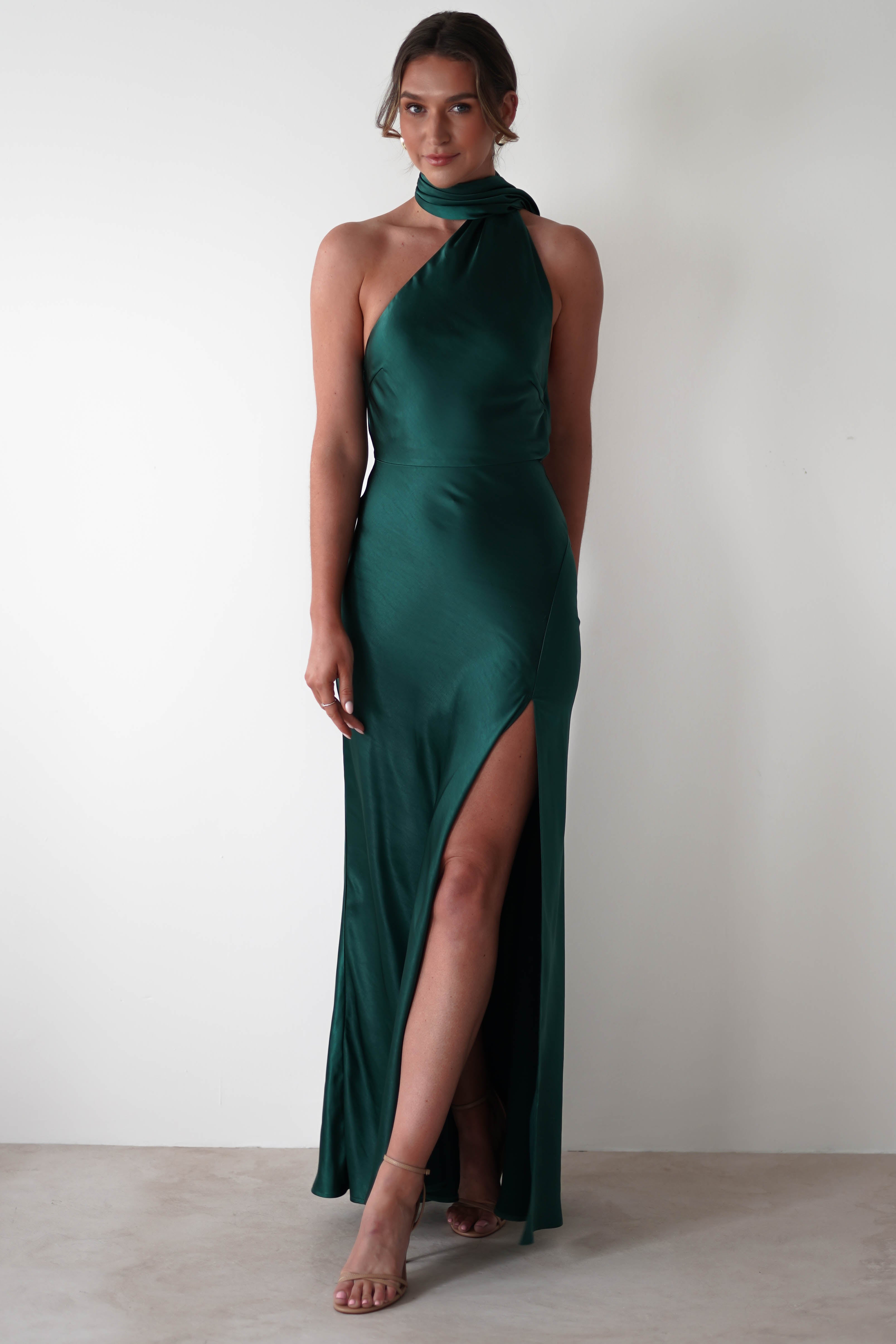 Oh Hello Clothing On Sale Amelda Soft Satin Maxi Gown Dress | Forest Green