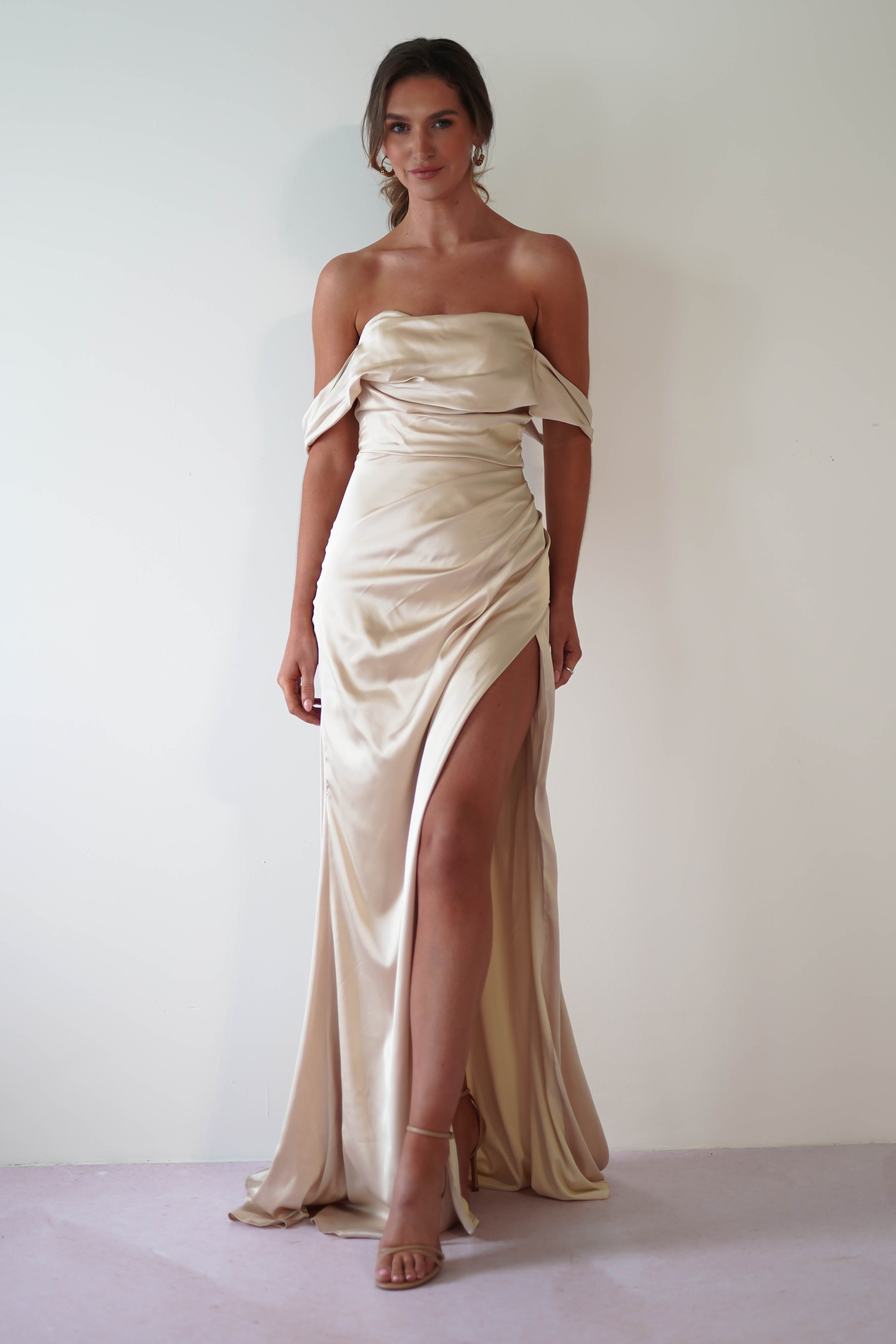 Beth Draped Silky Satin Gown | Champagne