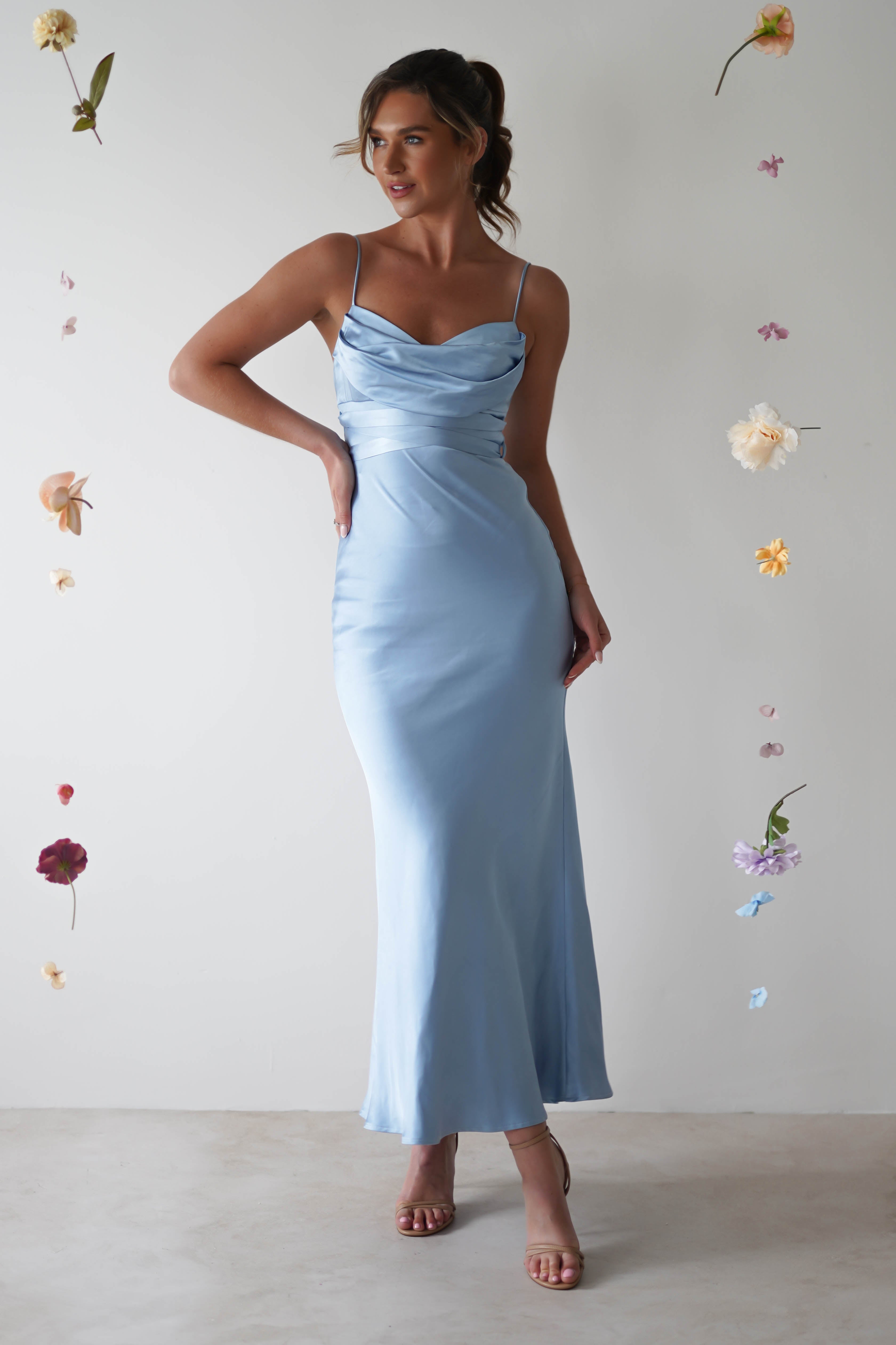 Everleigh Soft Satin Midi Dress | Blue - Oh Hello Clothing