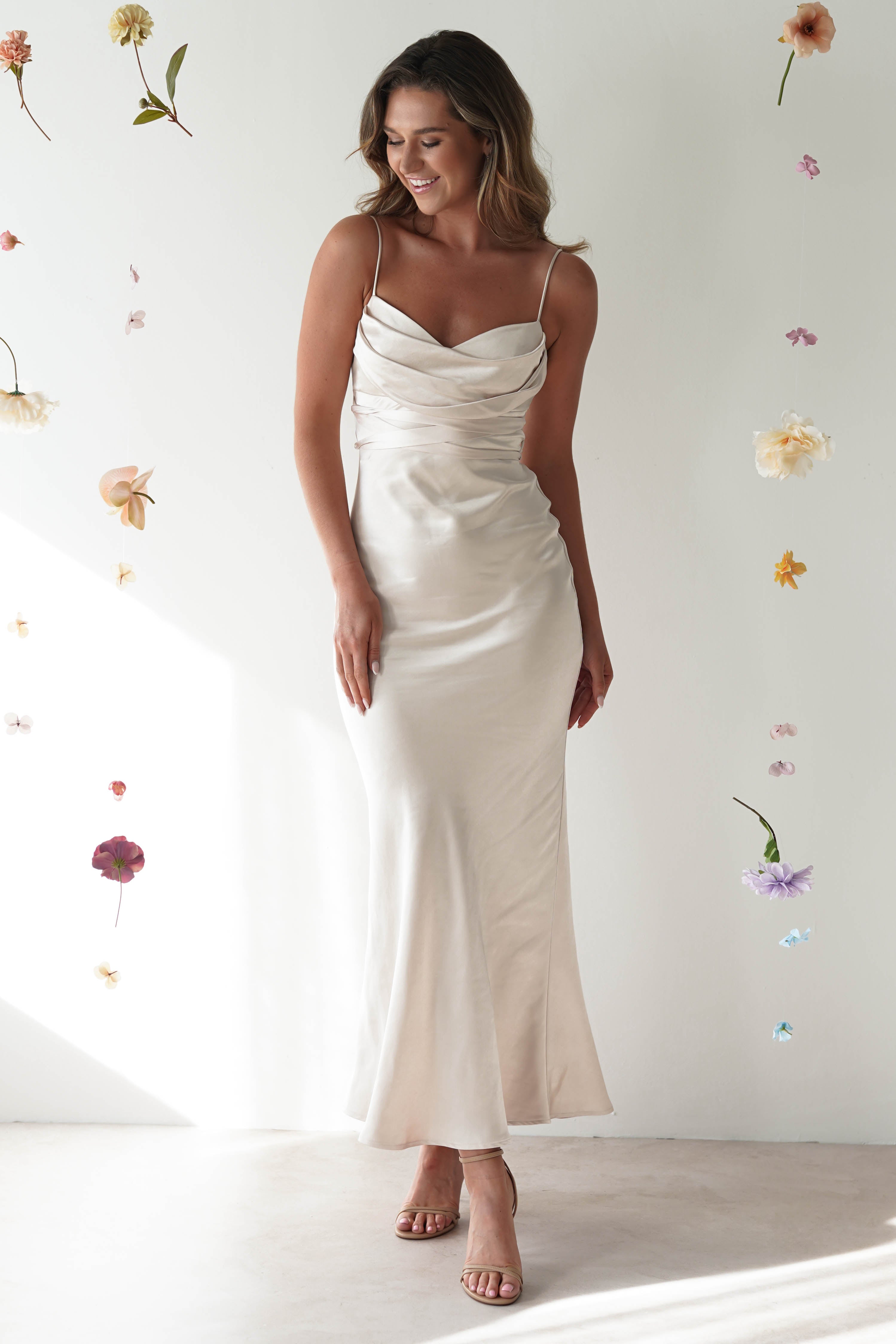 knee length dresses for ladies Ruffled V-Neck Midi Satin Wedding Guest Dress main image 1