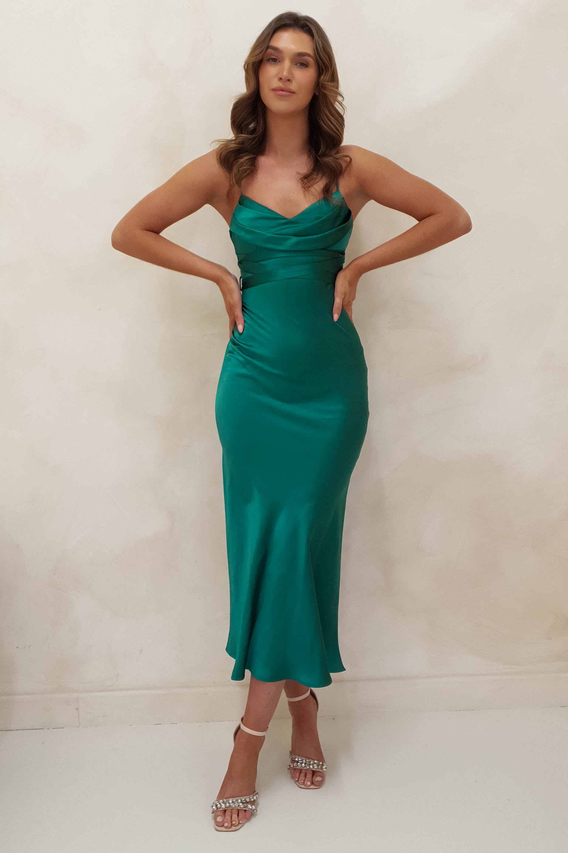 SASHA On Sale Everleigh Soft Satin Midi Dress | Emerald Green
