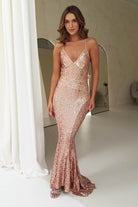 Evana Mermaid Backless Sequin Gown | Rose Gold - Oh Hello Clothing