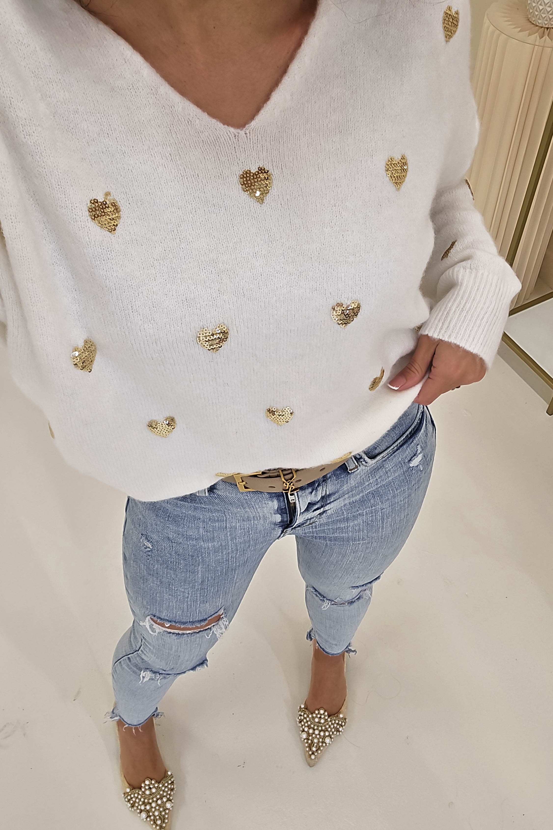 Pia Sequin Heart Detail Jumper | White - Oh Hello Clothing