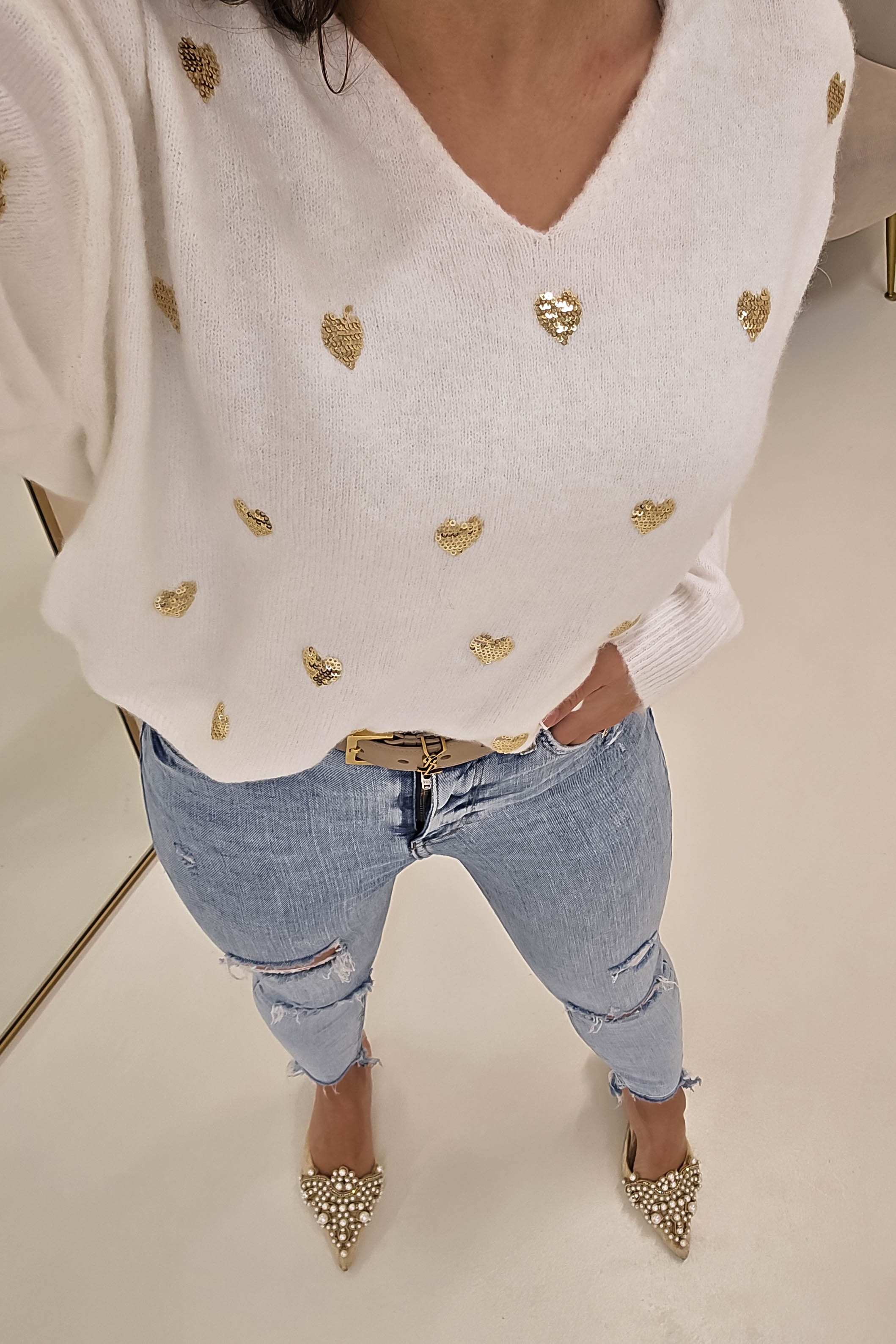 Pia Sequin Heart Detail Jumper | White - Oh Hello Clothing