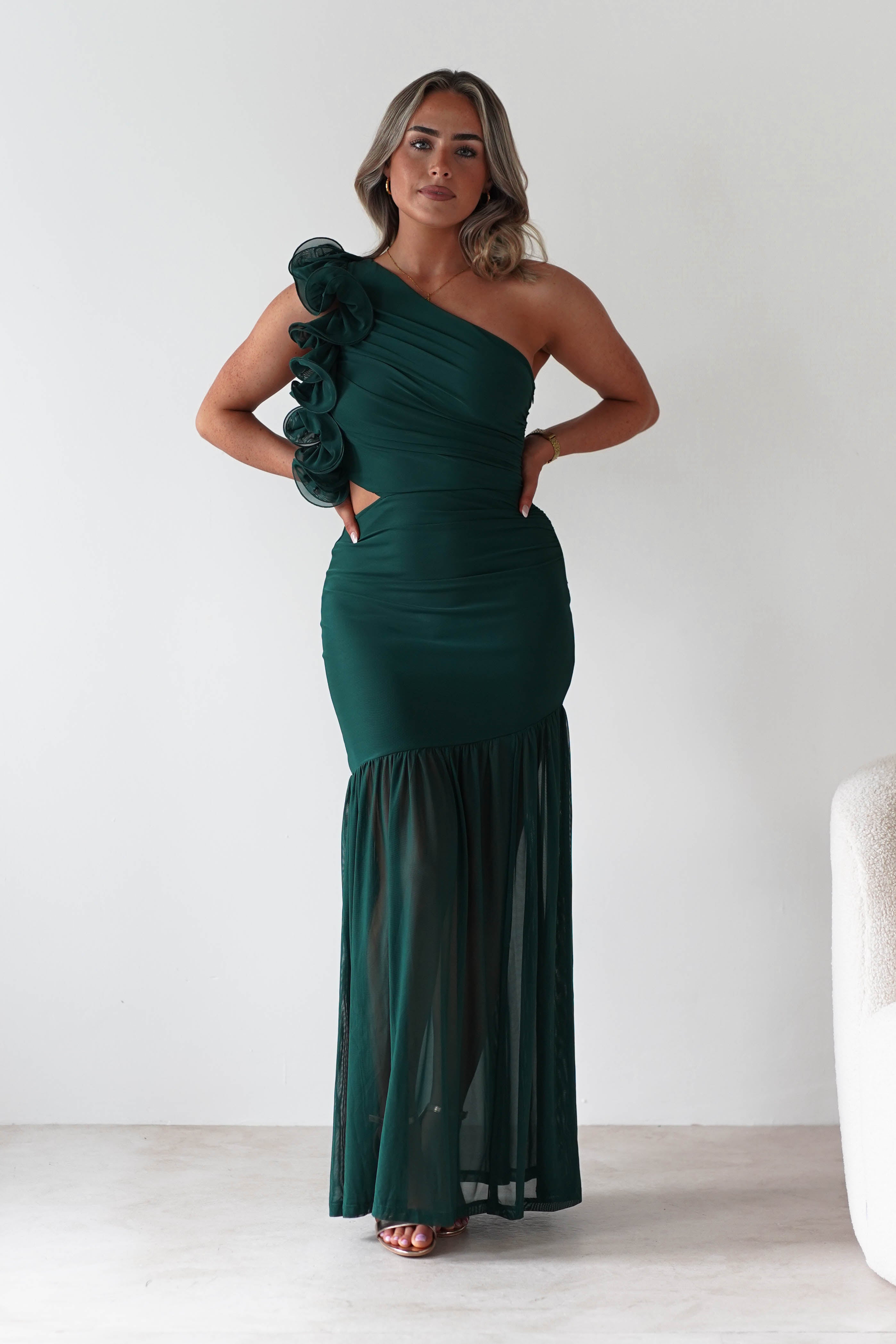 sasha Wedding Guest Dresses ** DONE - Stephanie Mesh Ruffle Maxi Dress - Green