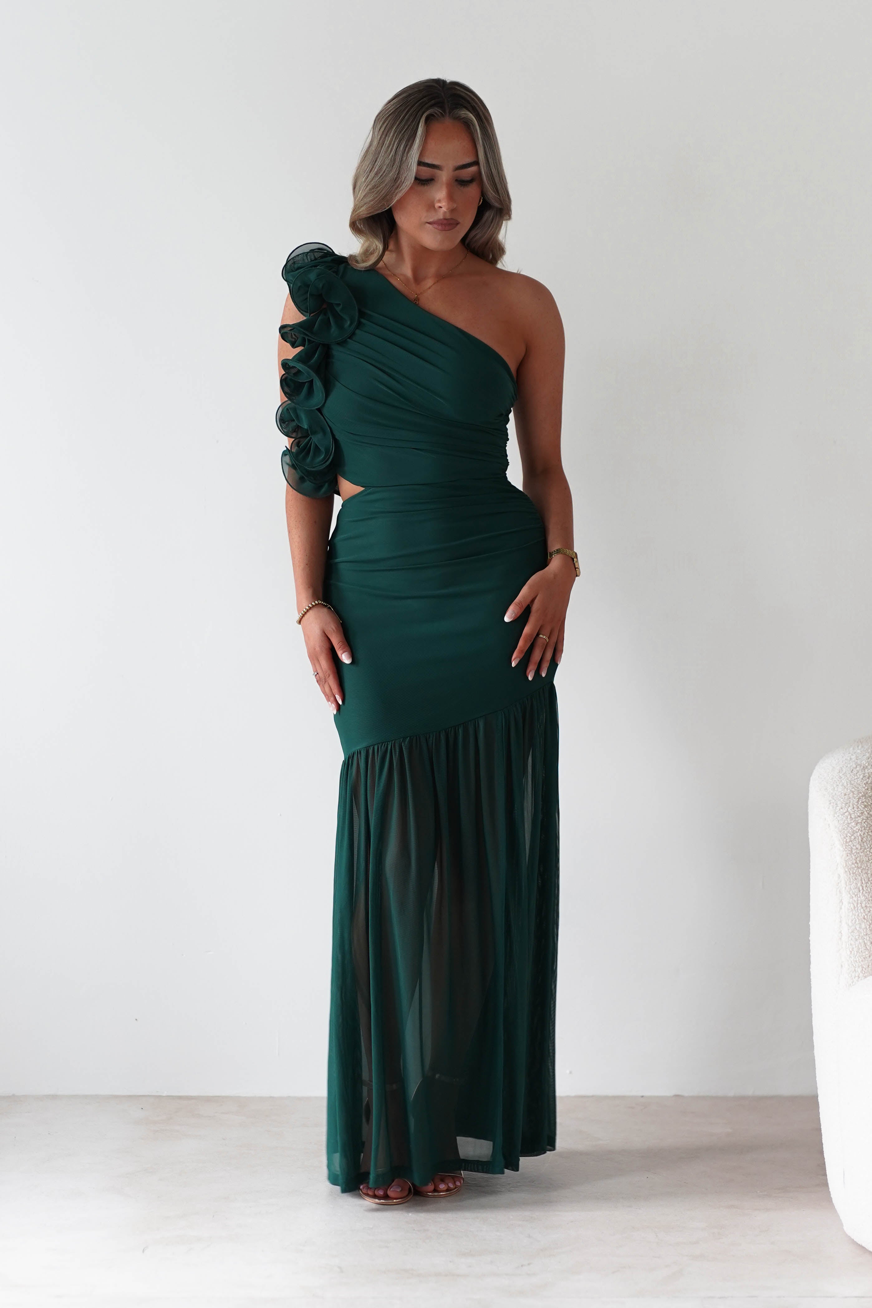 sasha Wedding Guest Dresses ** DONE - Stephanie Mesh Ruffle Maxi Dress - Green