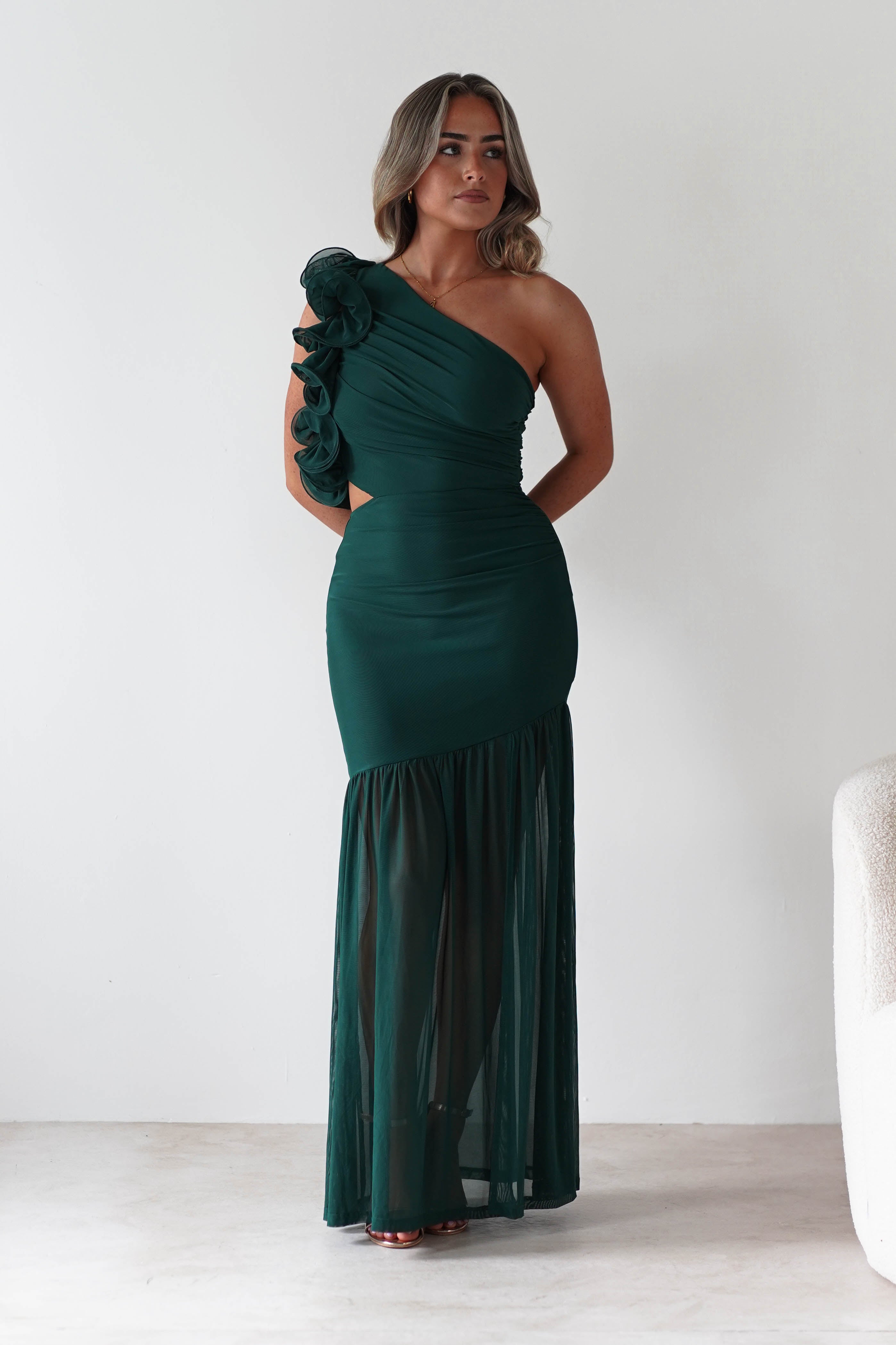 sasha Wedding Guest Dresses ** DONE - Stephanie Mesh Ruffle Maxi Dress - Green
