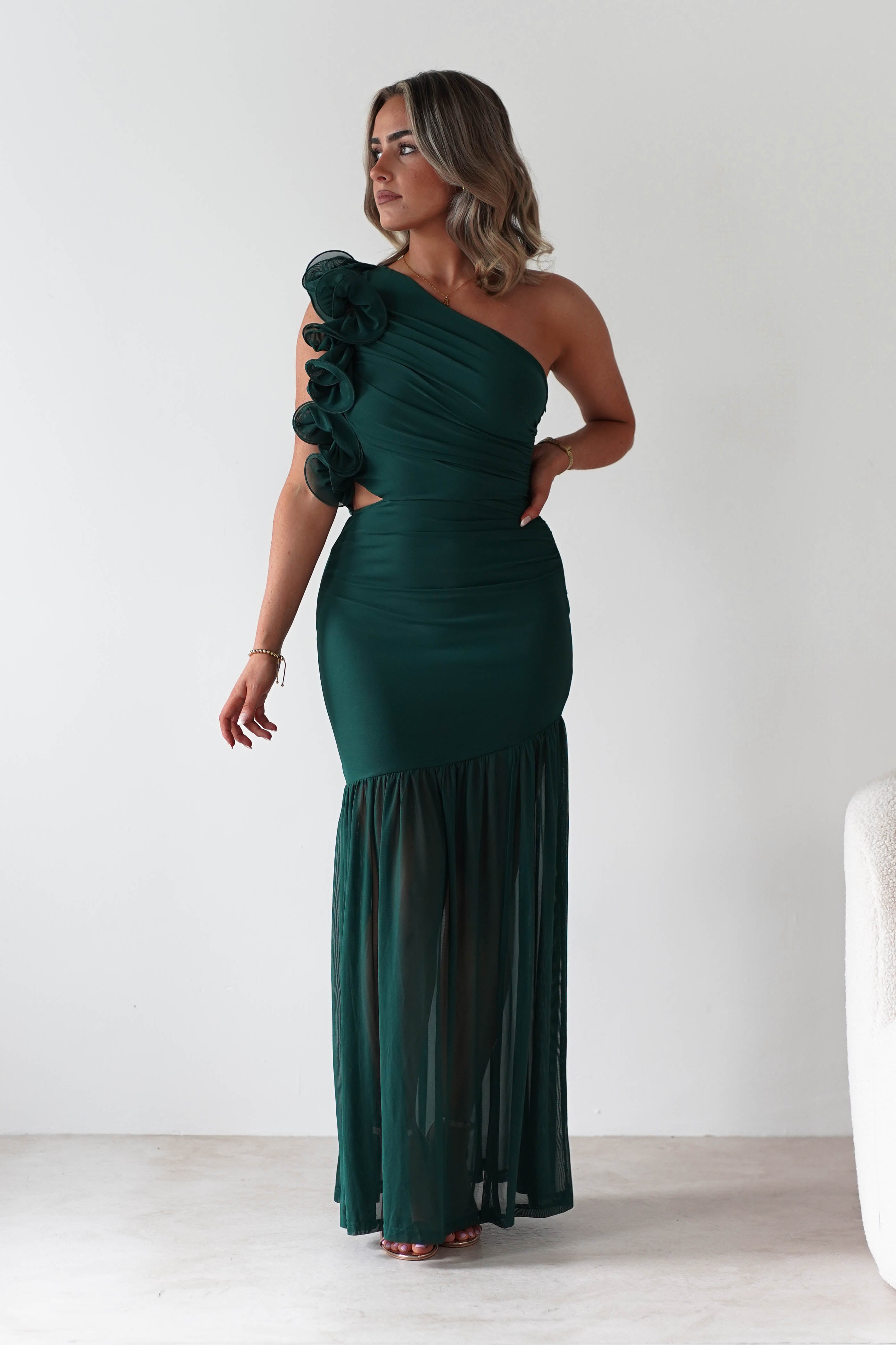 sasha Wedding Guest Dresses ** DONE - Stephanie Mesh Ruffle Maxi Dress - Green