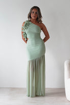 sasha Wedding Guest Dresses ** DONE - Stephanie Mesh Ruffle Maxi Dress - Sage