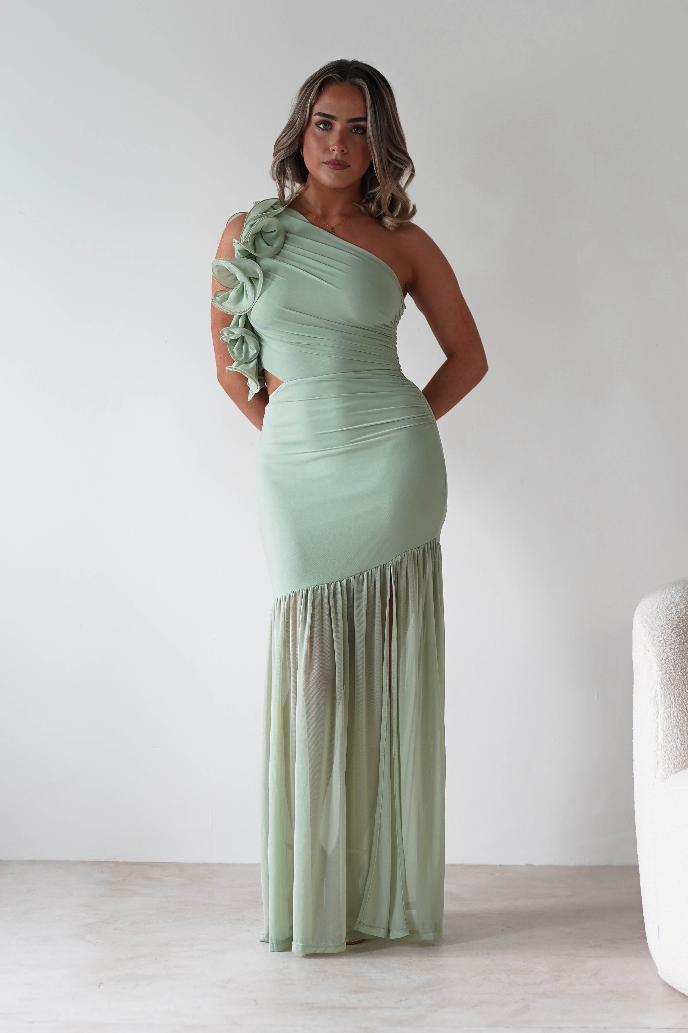 sasha Wedding Guest Dresses ** DONE - Stephanie Mesh Ruffle Maxi Dress - Sage