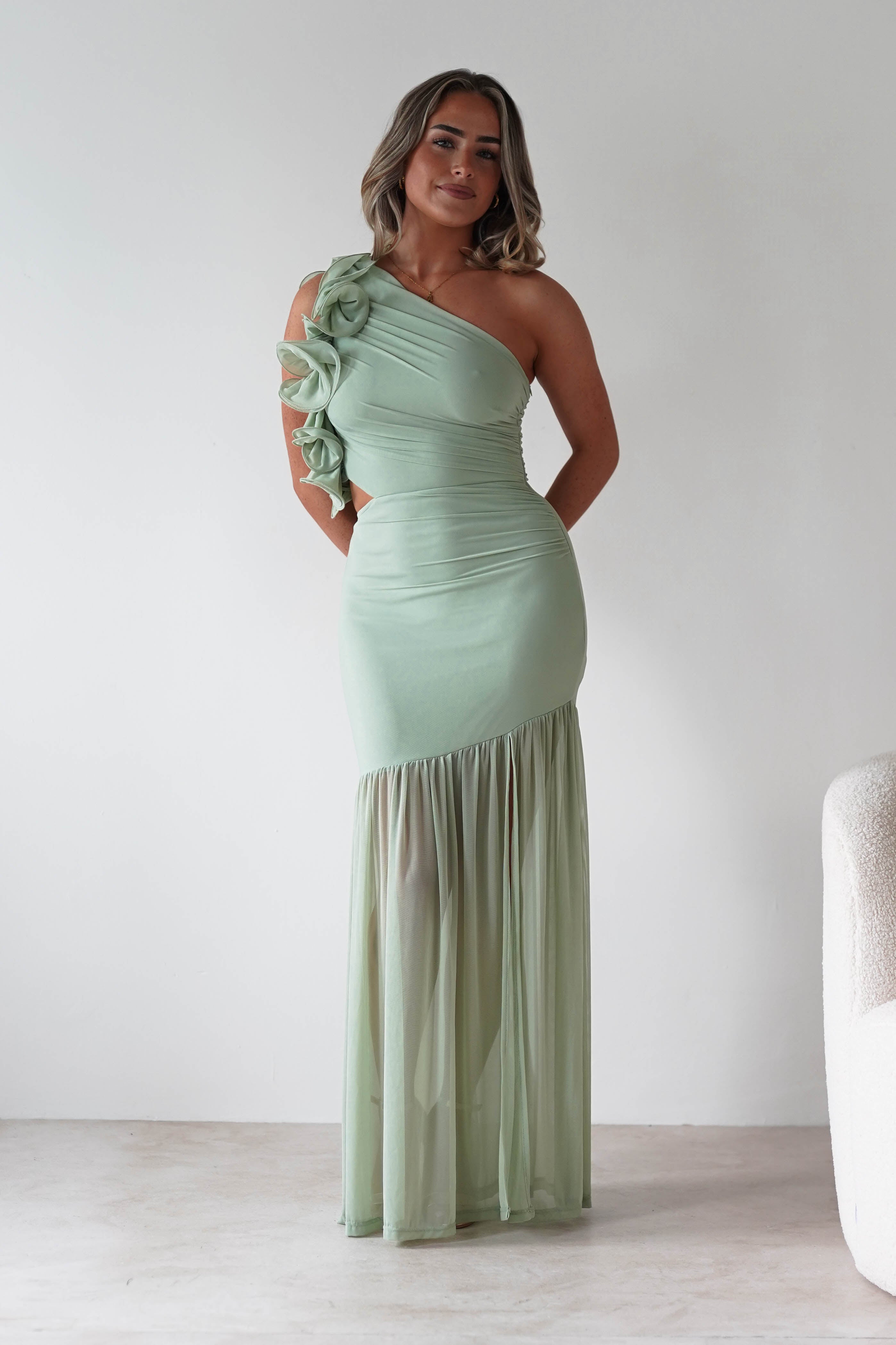 sasha Wedding Guest Dresses ** DONE - Stephanie Mesh Ruffle Maxi Dress - Sage