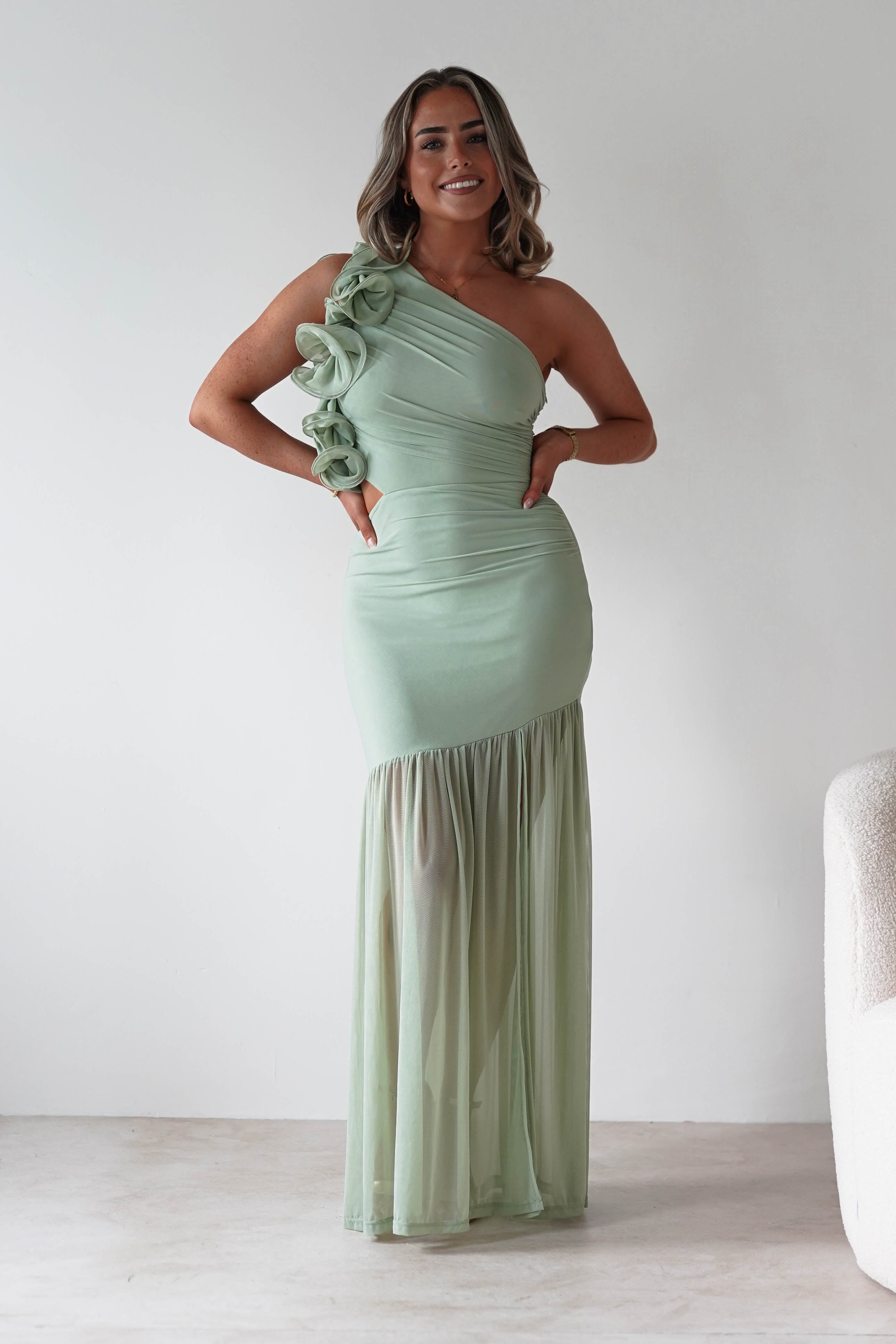 sasha Wedding Guest Dresses ** DONE - Stephanie Mesh Ruffle Maxi Dress - Sage
