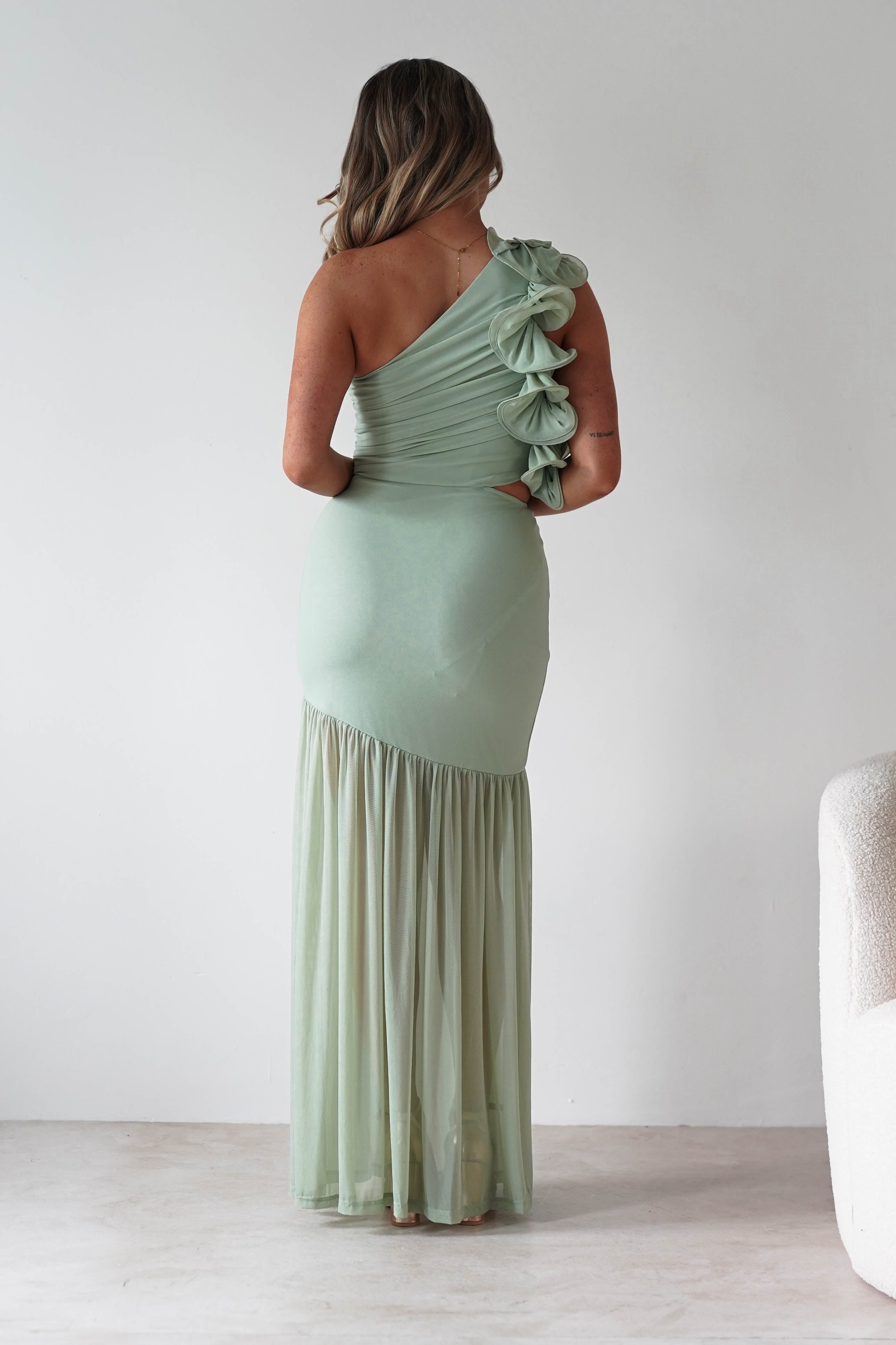 sasha Wedding Guest Dresses ** DONE - Stephanie Mesh Ruffle Maxi Dress - Sage