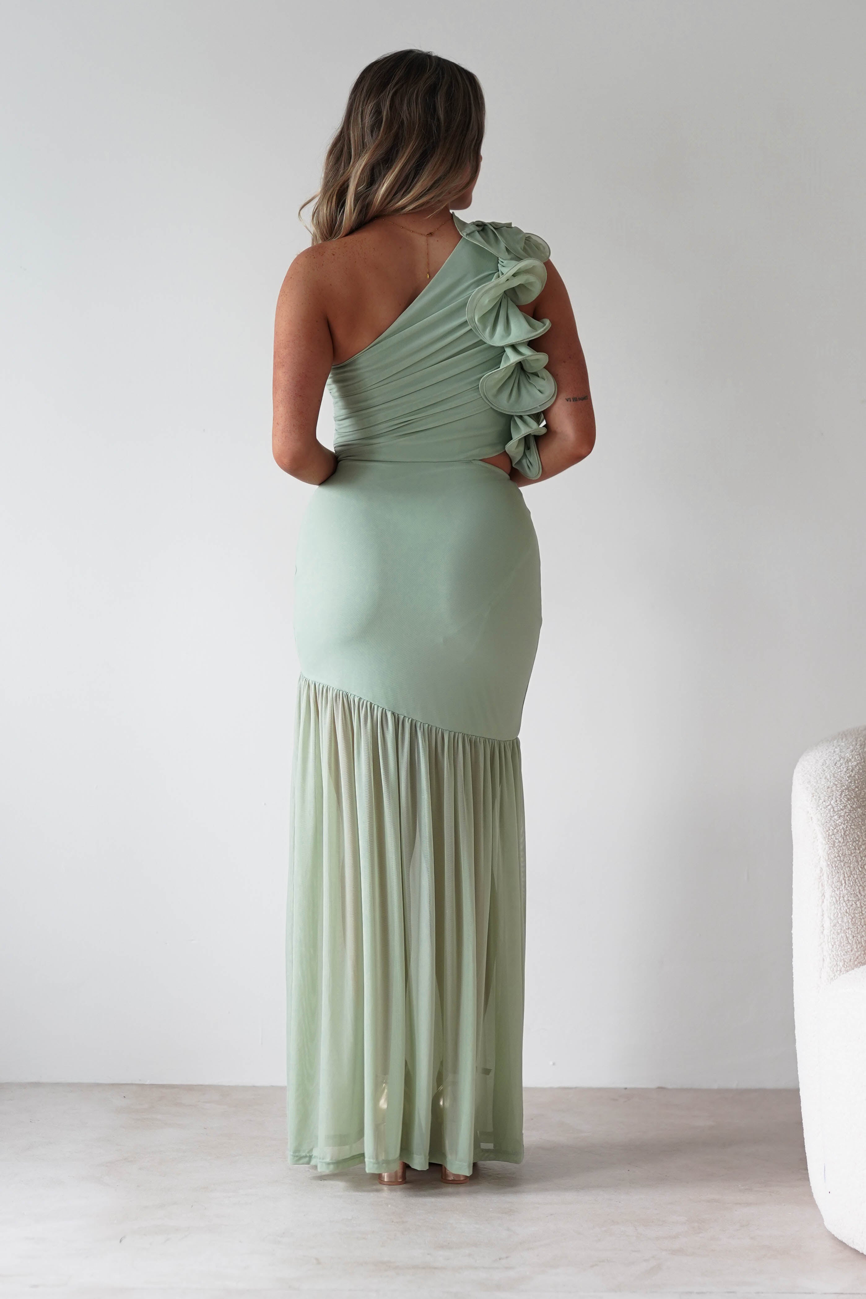 sasha Wedding Guest Dresses ** DONE - Stephanie Mesh Ruffle Maxi Dress - Sage