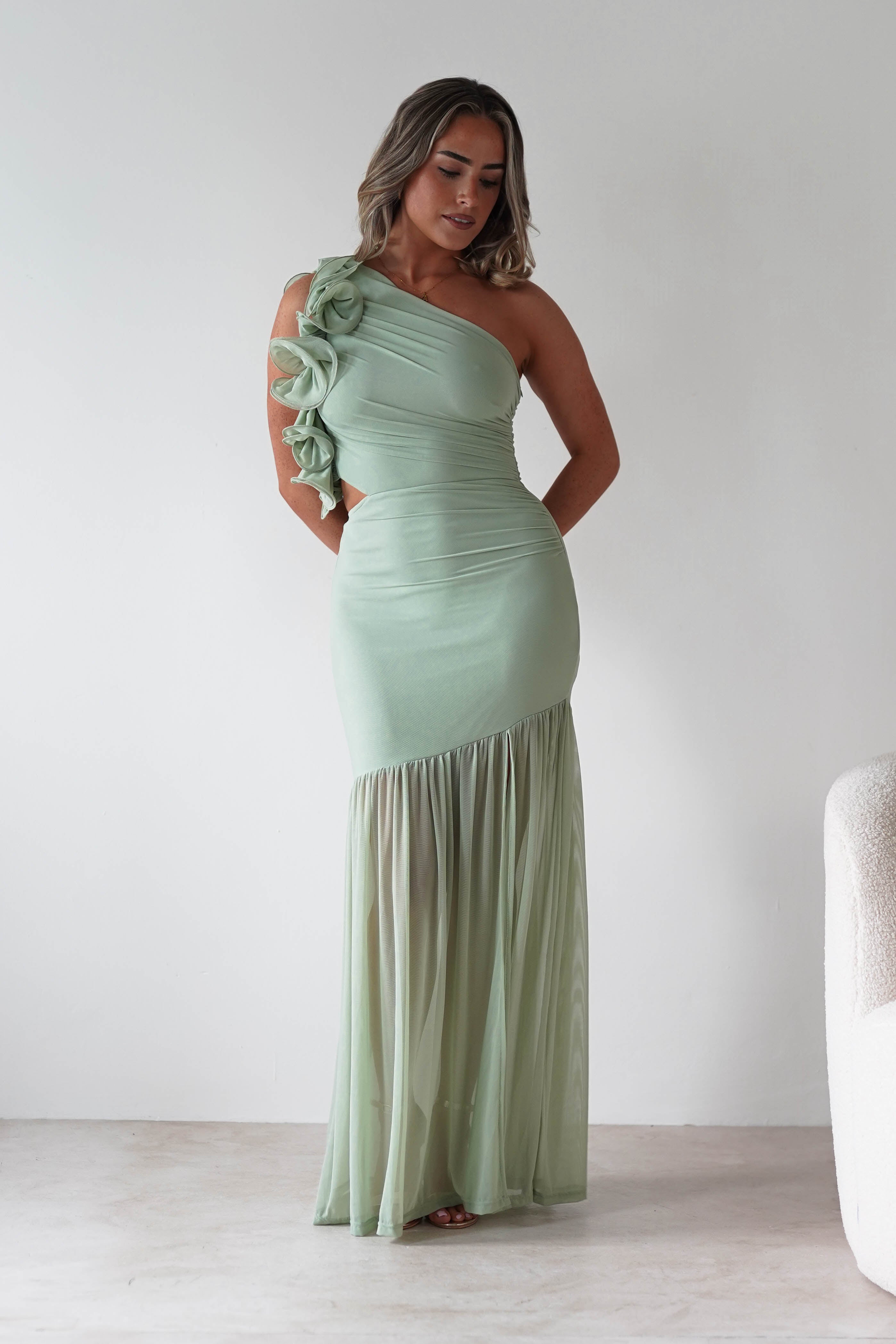 sasha Wedding Guest Dresses ** DONE - Stephanie Mesh Ruffle Maxi Dress - Sage