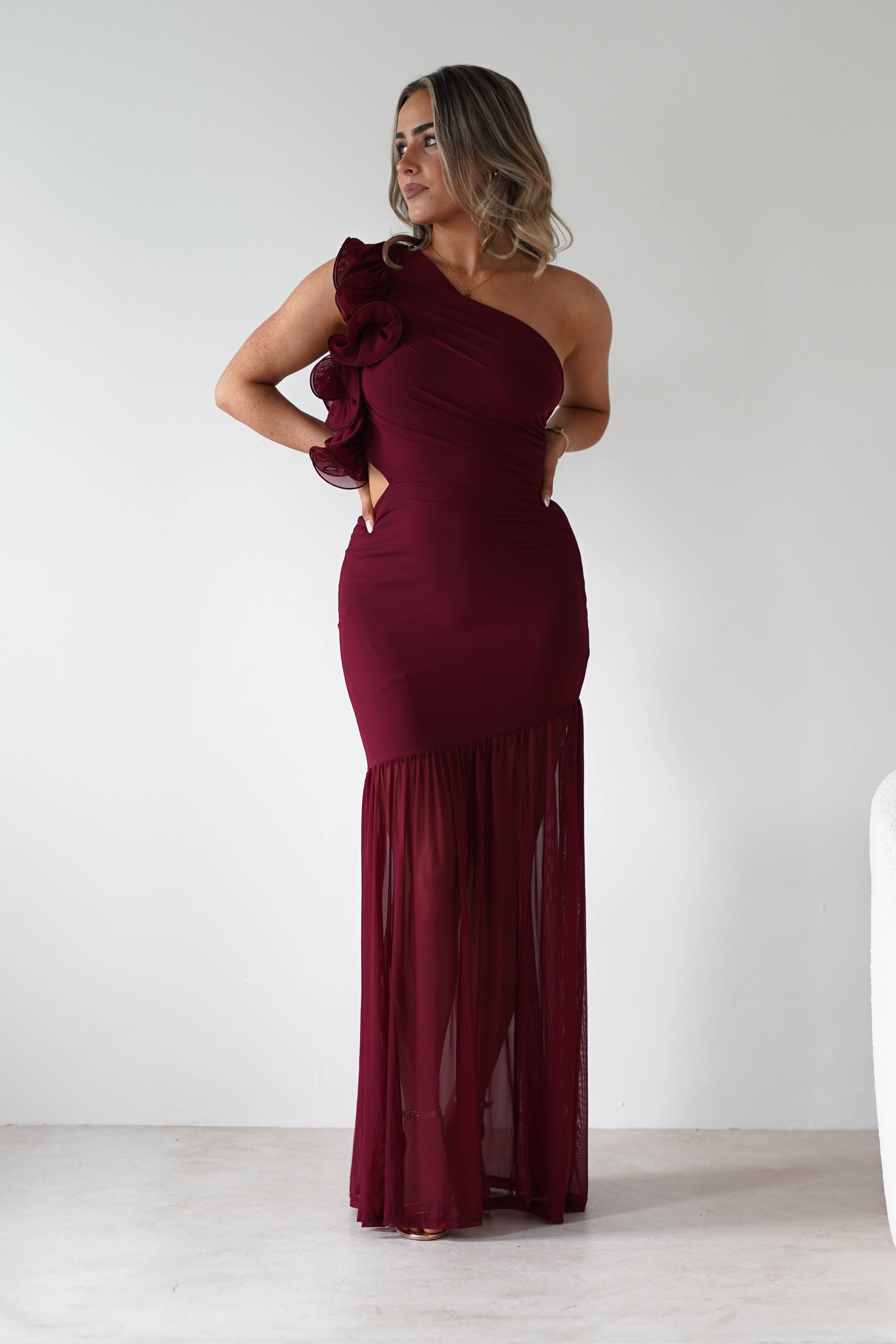 sasha Wedding Guest Dresses ** DONE - Stephanie Mesh Ruffle Maxi Dress - Wine