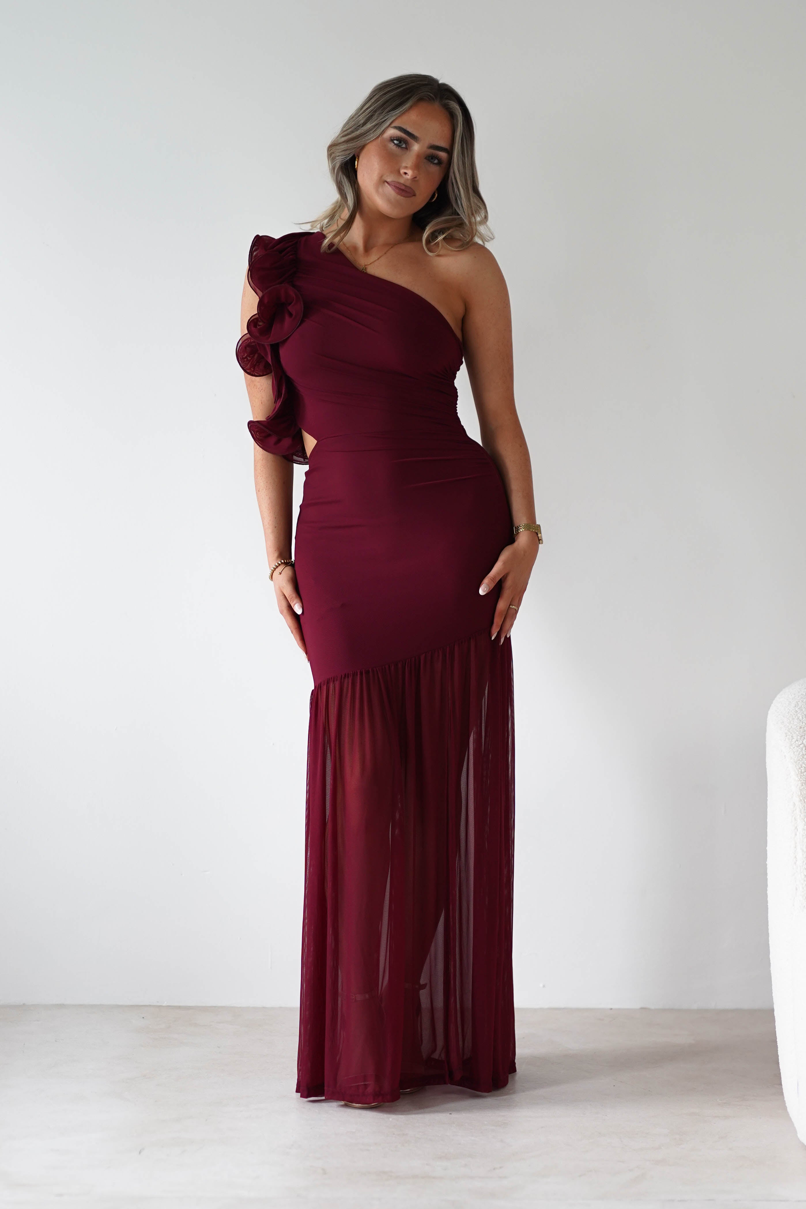 sasha Wedding Guest Dresses ** DONE - Stephanie Mesh Ruffle Maxi Dress - Wine