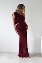 sasha Wedding Guest Dresses ** DONE - Stephanie Mesh Ruffle Maxi Dress - Wine