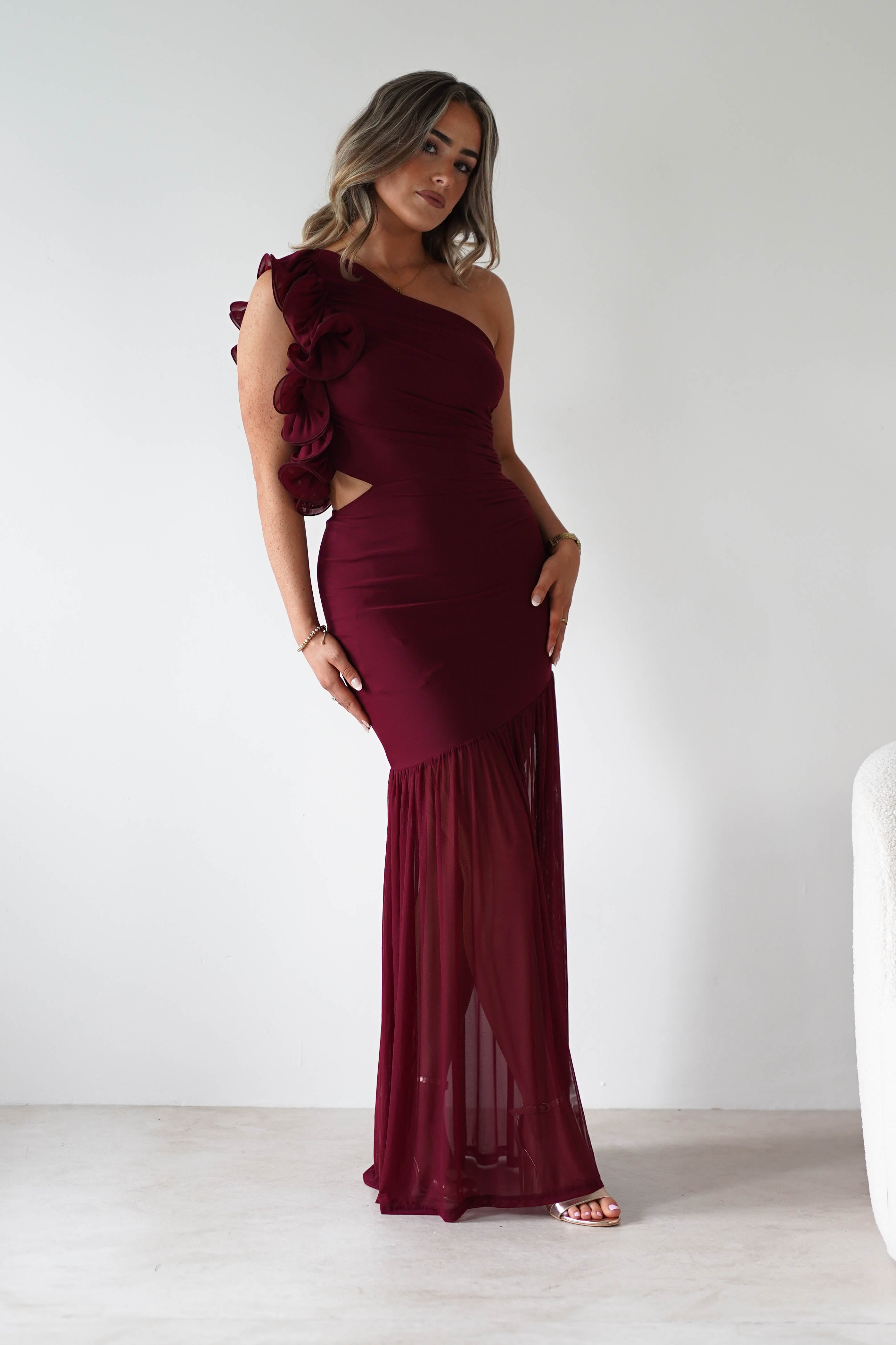 sasha Wedding Guest Dresses ** DONE - Stephanie Mesh Ruffle Maxi Dress - Wine