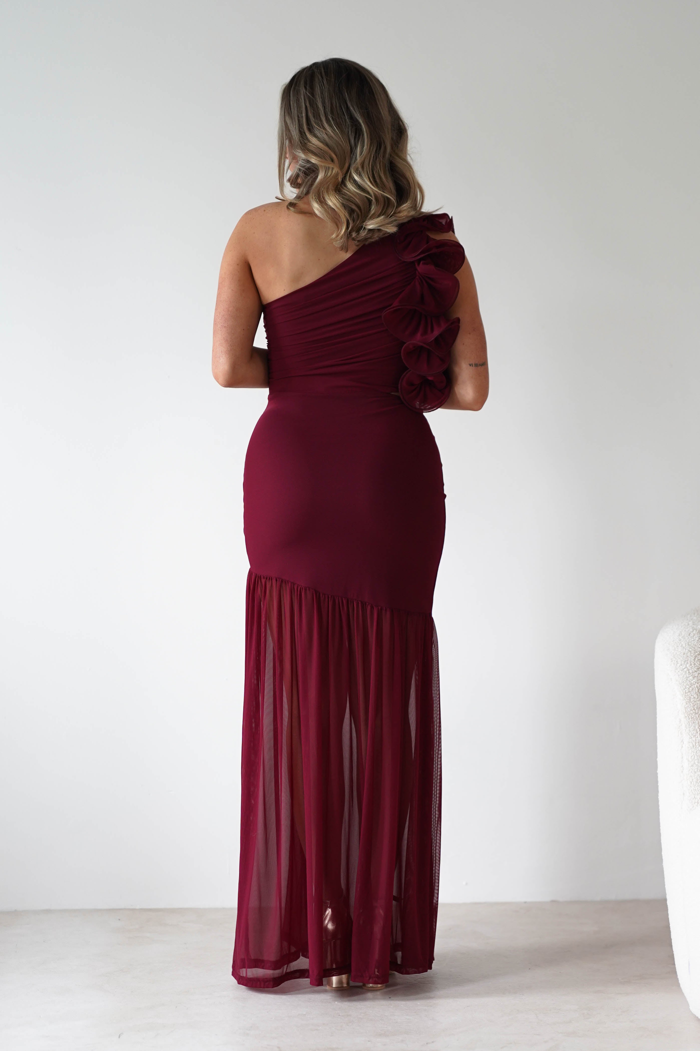 sasha Wedding Guest Dresses ** DONE - Stephanie Mesh Ruffle Maxi Dress - Wine