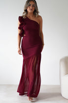 sasha Wedding Guest Dresses ** DONE - Stephanie Mesh Ruffle Maxi Dress - Wine