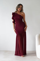 sasha Wedding Guest Dresses ** DONE - Stephanie Mesh Ruffle Maxi Dress - Wine
