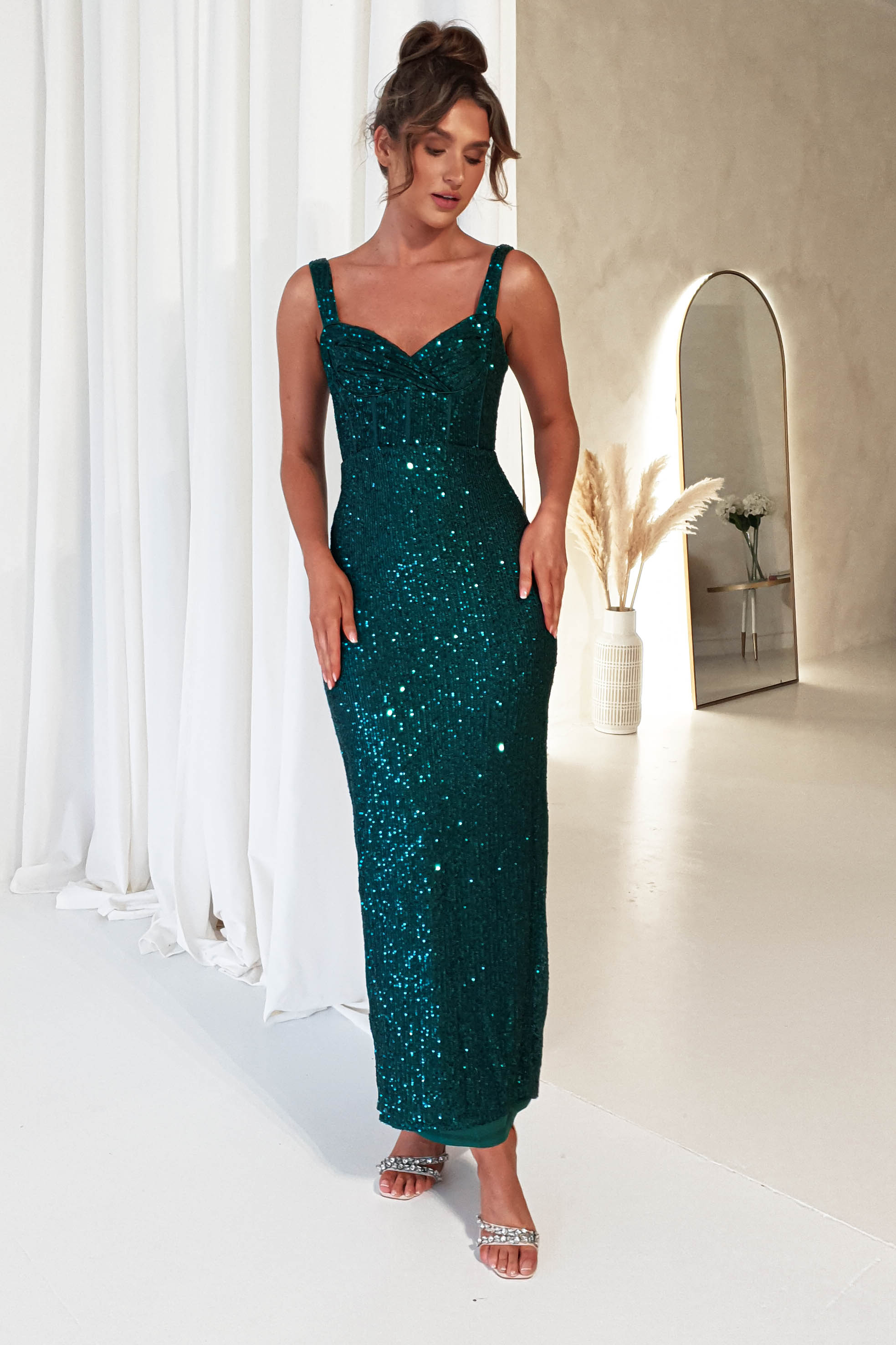 MANIJU Wedding Guest Dresses Cosette Sequin Midi Dress | Emerald Green