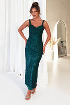 MANIJU Wedding Guest Dresses Cosette Sequin Midi Dress | Emerald Green