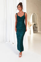 MANIJU Wedding Guest Dresses Cosette Sequin Midi Dress | Emerald Green