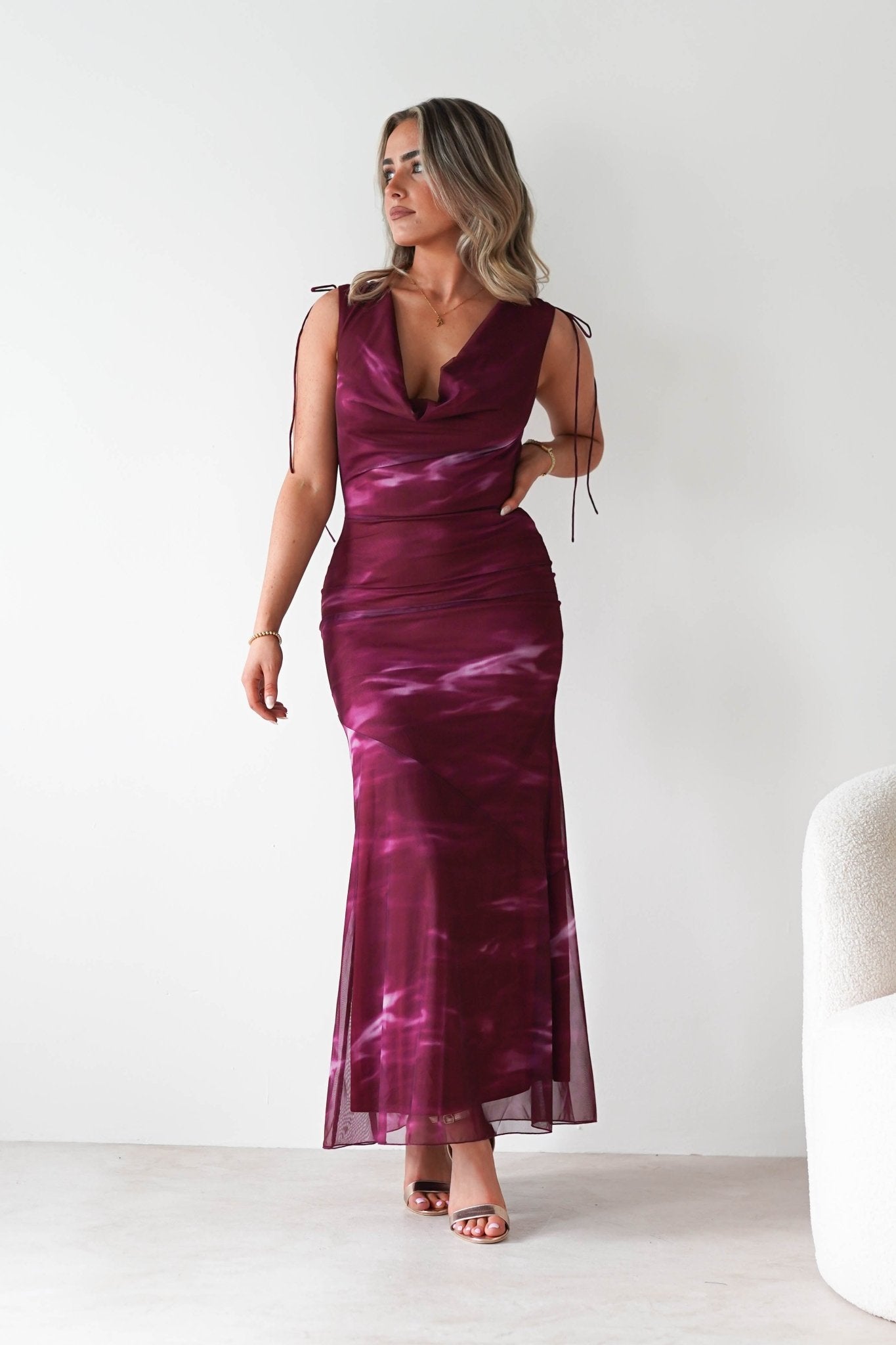 Drew Mesh Printed Maxi Dress | Wine Print | Oh Hello Clothing | XS (6)