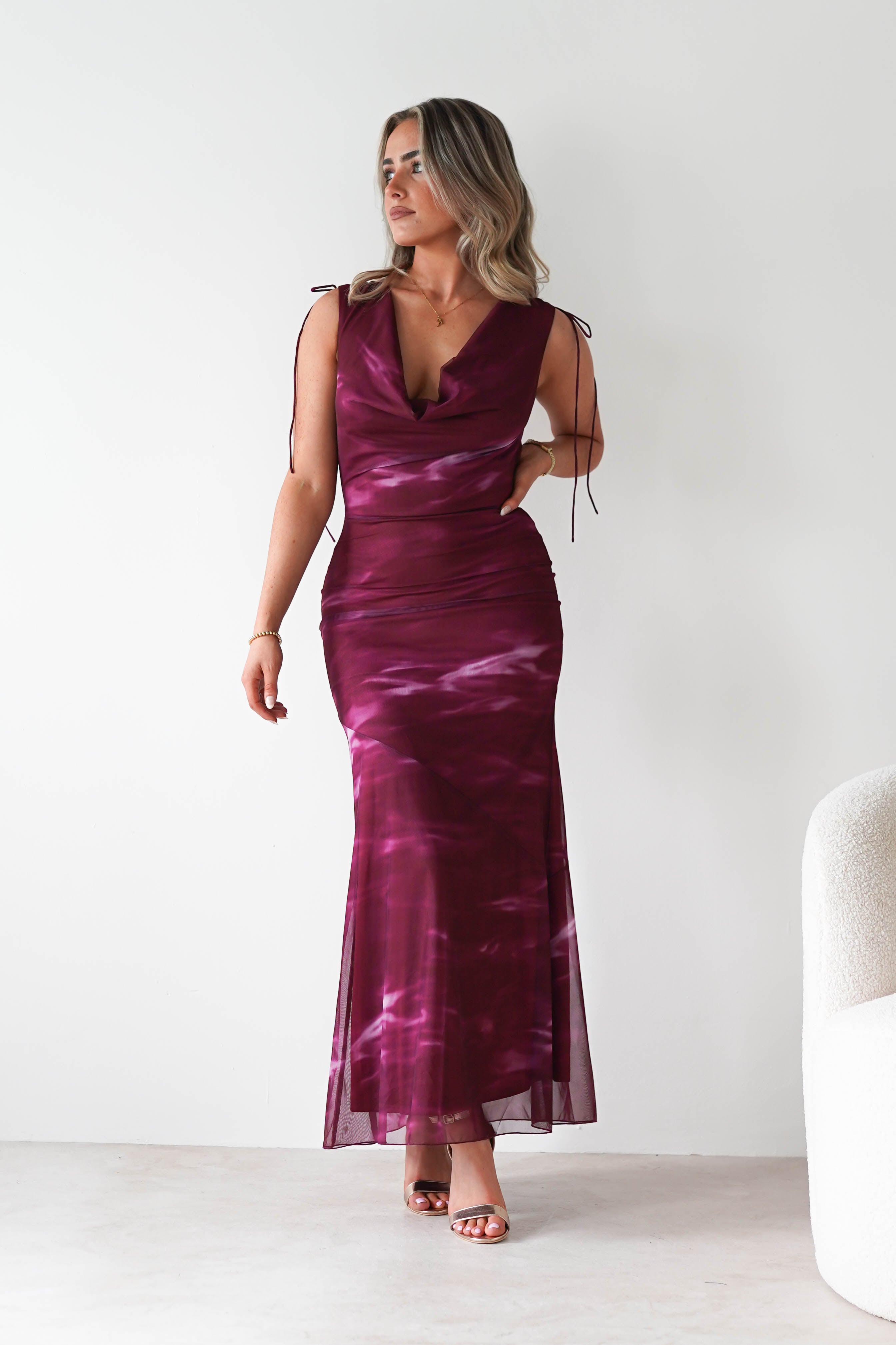Factory Wedding Guest Dresses Drew Mesh Printed Maxi Dress | Wine Print