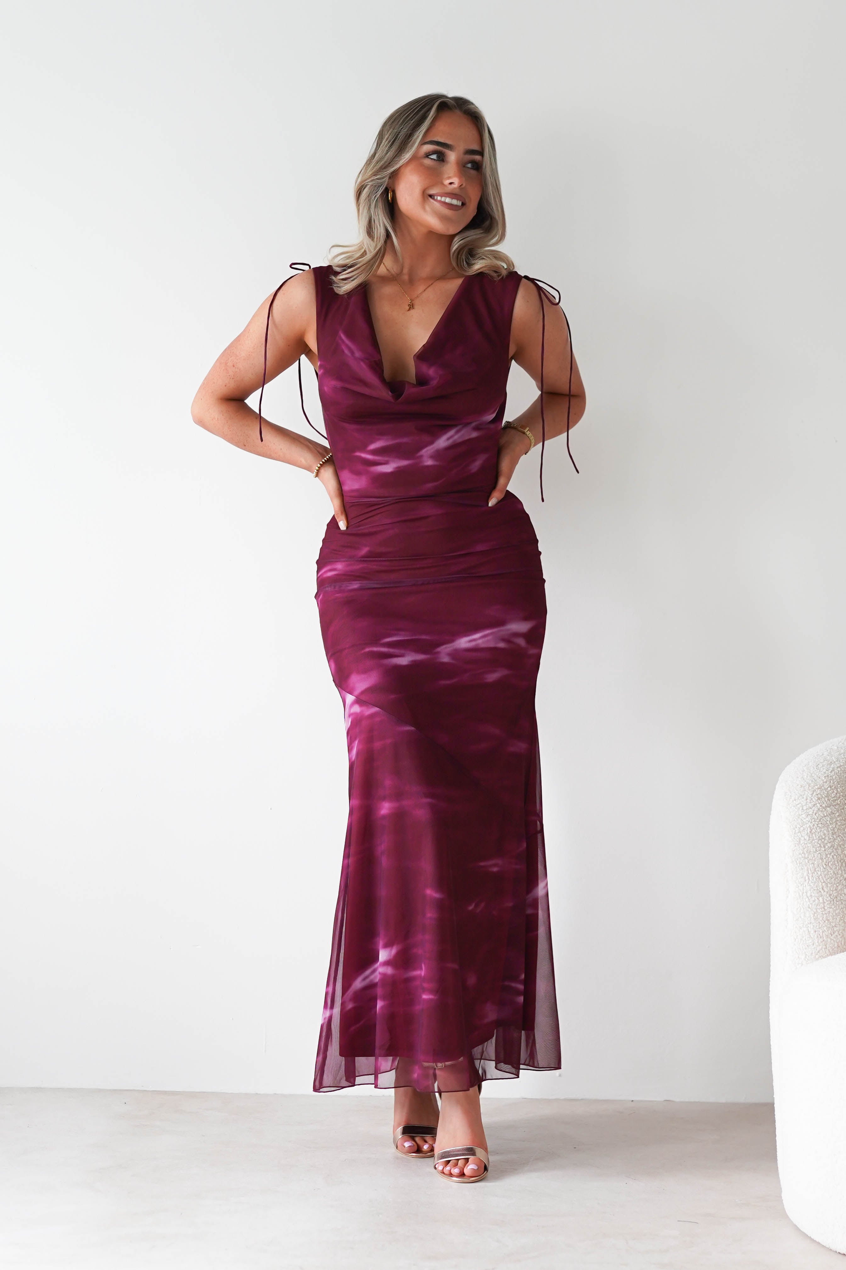 Factory Wedding Guest Dresses Drew Mesh Printed Maxi Dress | Wine Print