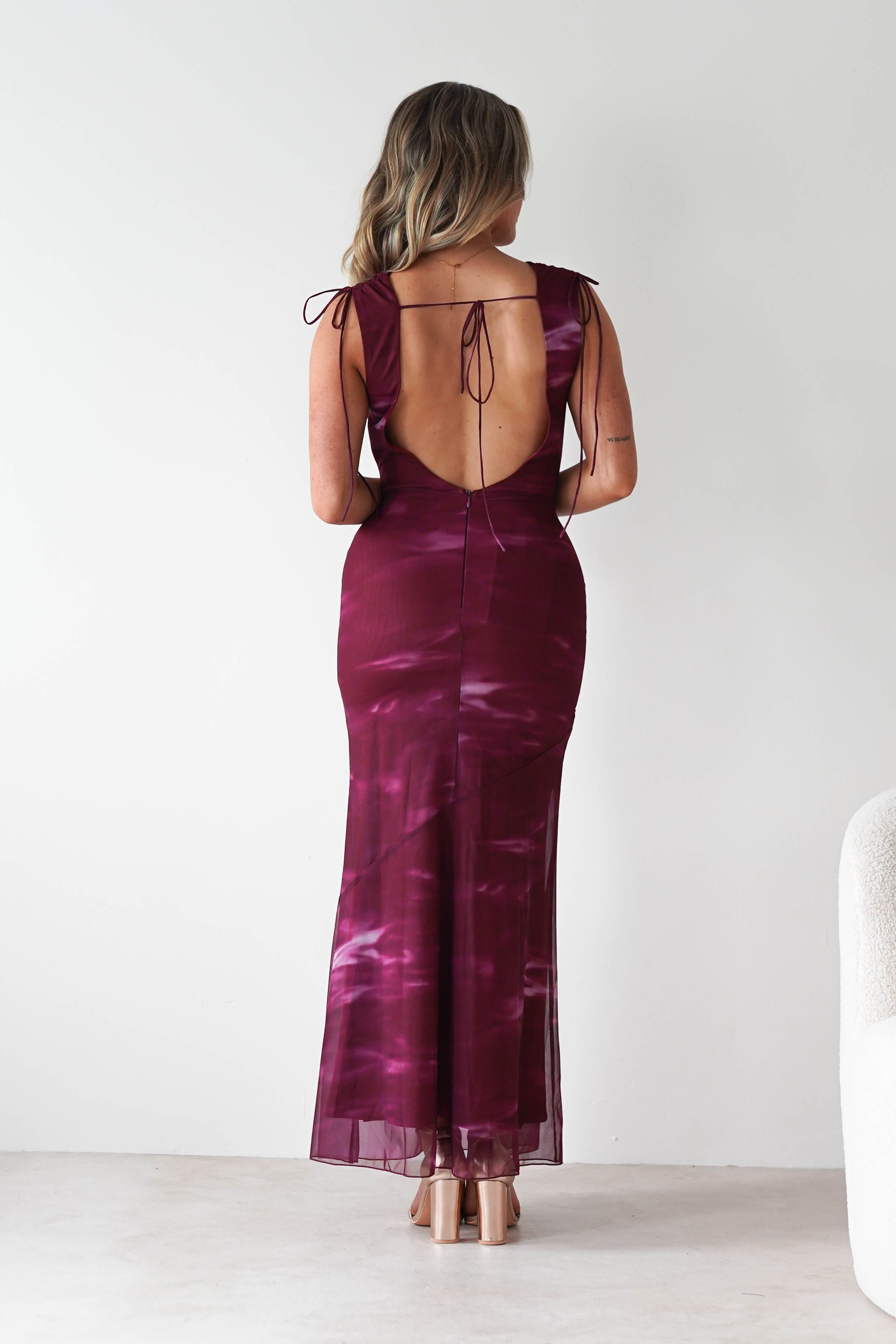 Factory Wedding Guest Dresses Drew Mesh Printed Maxi Dress | Wine Print
