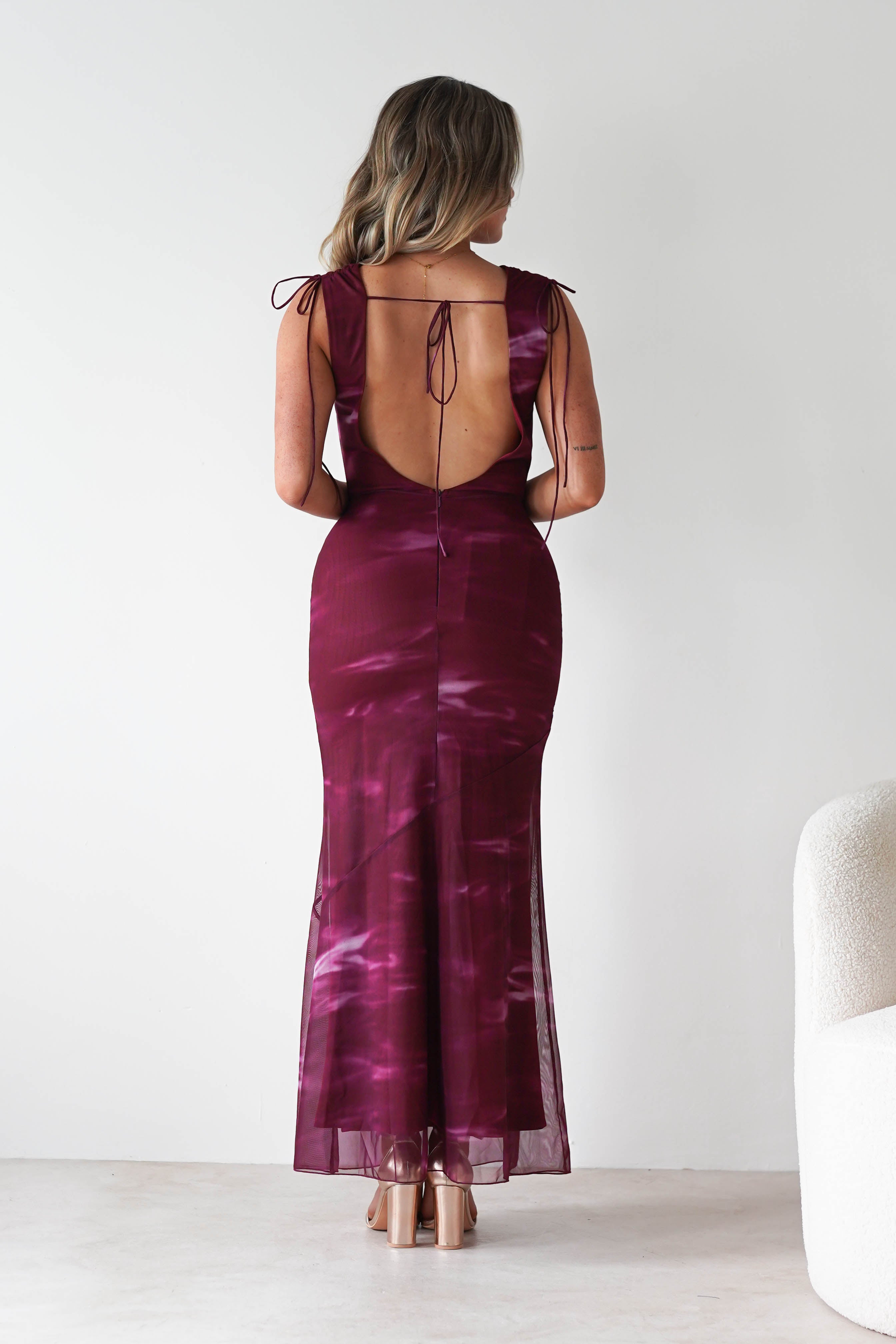 Factory Wedding Guest Dresses Drew Mesh Printed Maxi Dress | Wine Print
