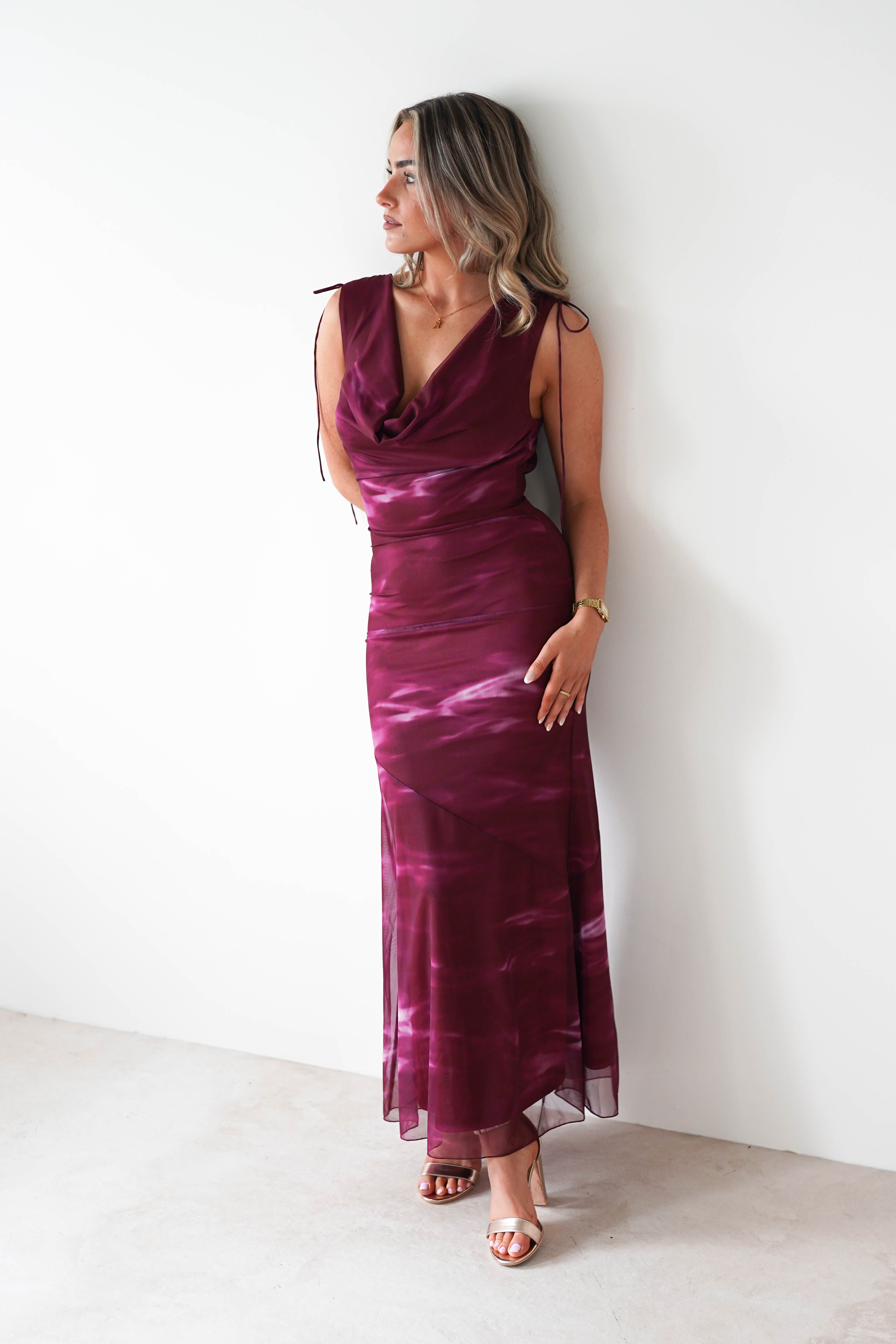 Factory Wedding Guest Dresses Drew Mesh Printed Maxi Dress | Wine Print