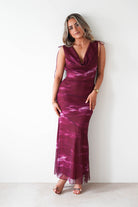 Factory Wedding Guest Dresses Drew Mesh Printed Maxi Dress | Wine Print