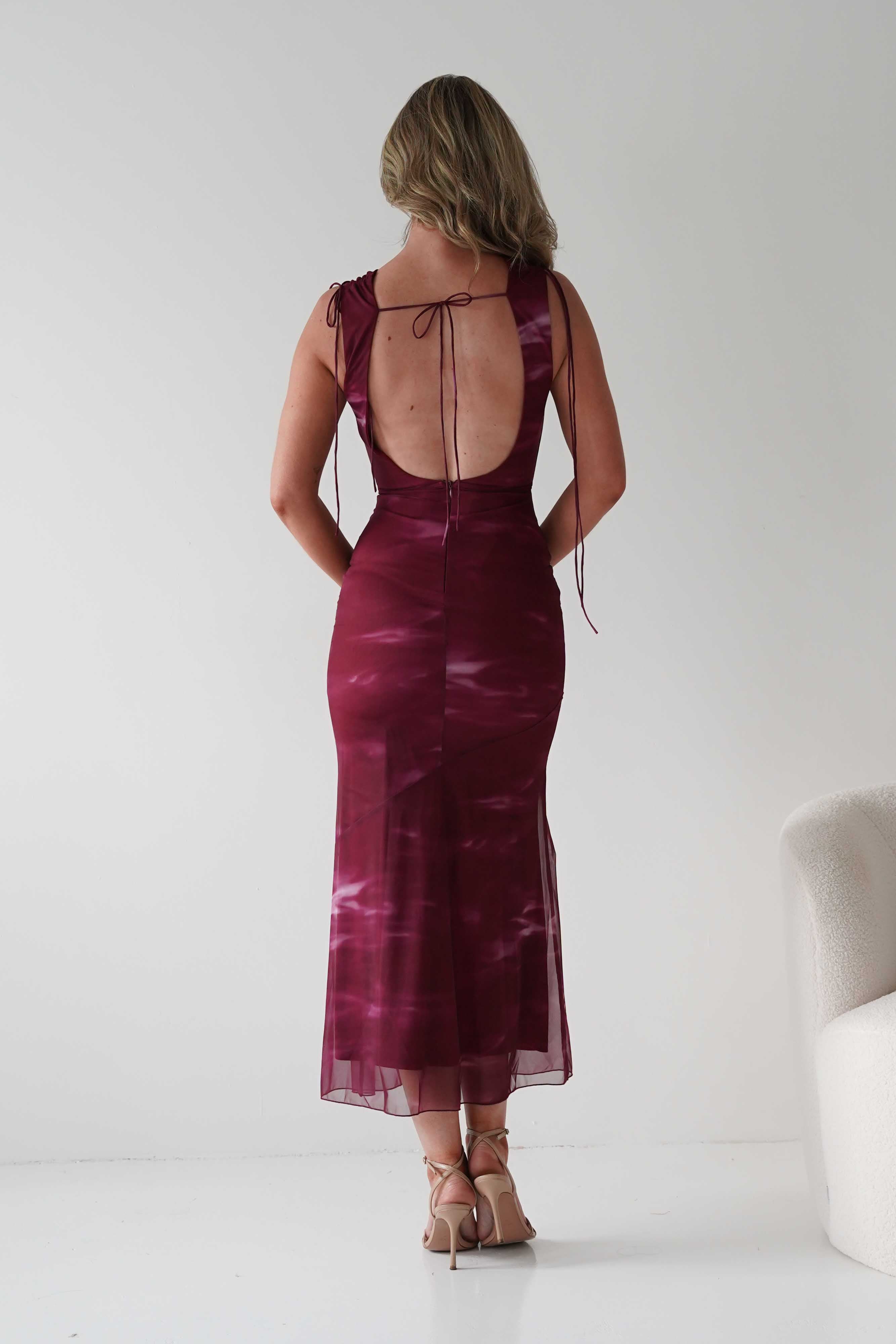Factory Wedding Guest Dresses Drew Mesh Printed Maxi Dress | Wine Print