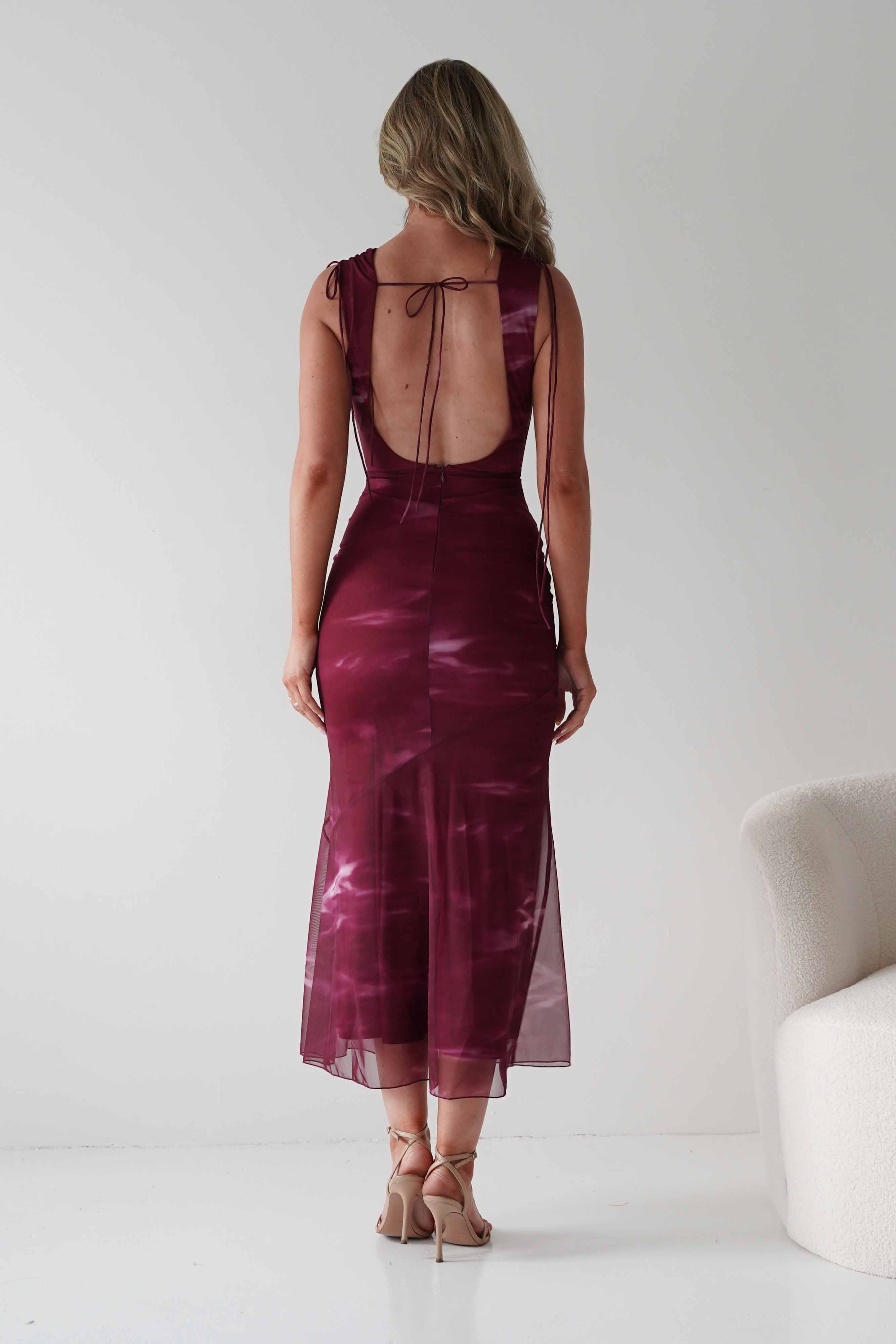 Factory Wedding Guest Dresses Drew Mesh Printed Maxi Dress | Wine Print