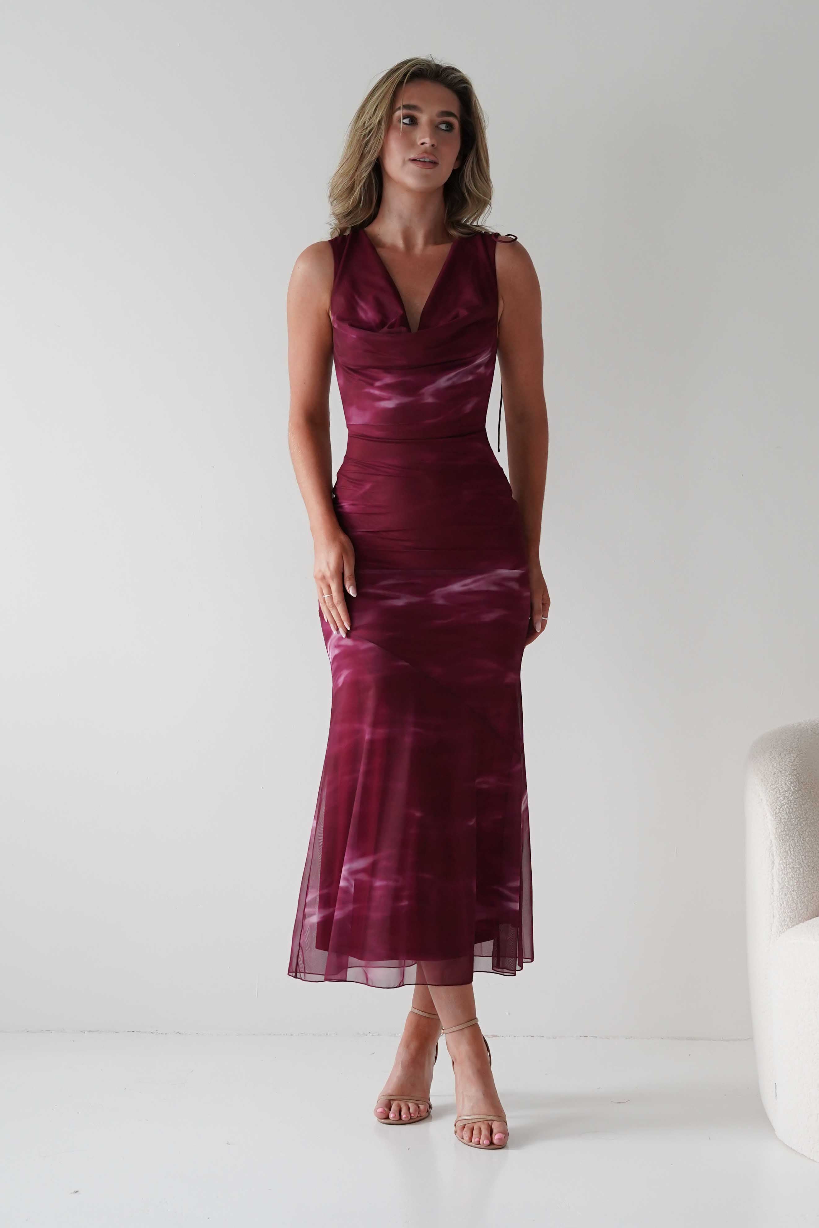 Factory Wedding Guest Dresses Drew Mesh Printed Maxi Dress | Wine Print